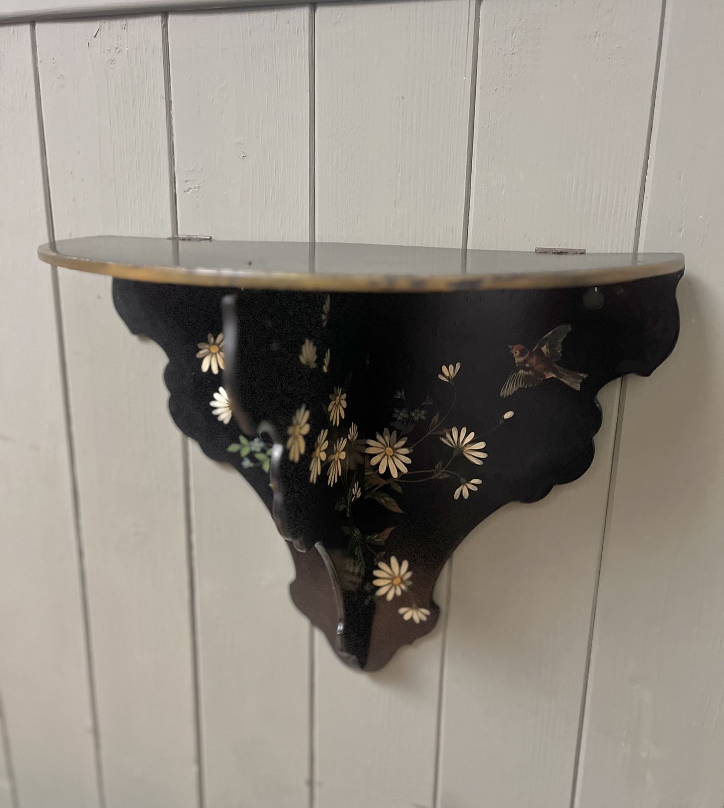 Victorian Papier Mâché Black Lacquer Folding Wall Shelf With Hand Painted Floral And Bird Decoration photo for sale