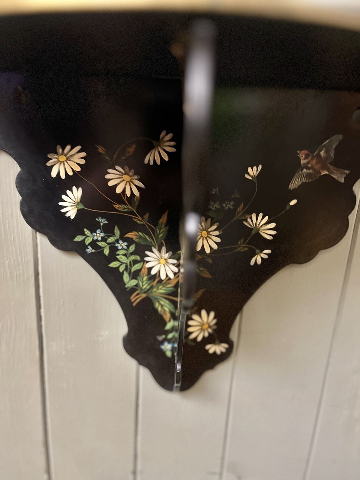 Victorian Papier Mâché Black Lacquer Folding Wall Shelf With Hand Painted Floral And Bird Decoration photo vinterior