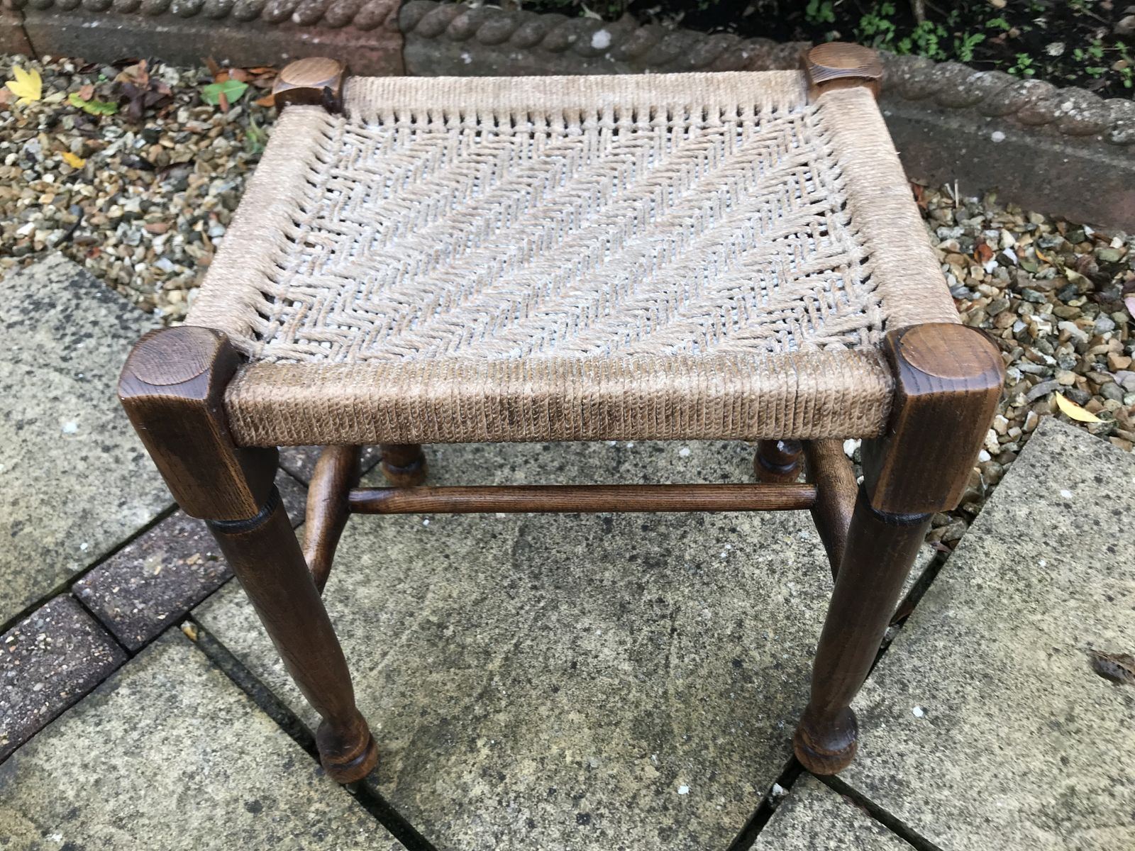 Antique Oak Padfoot Footstool With Woven String Seat photo furniture