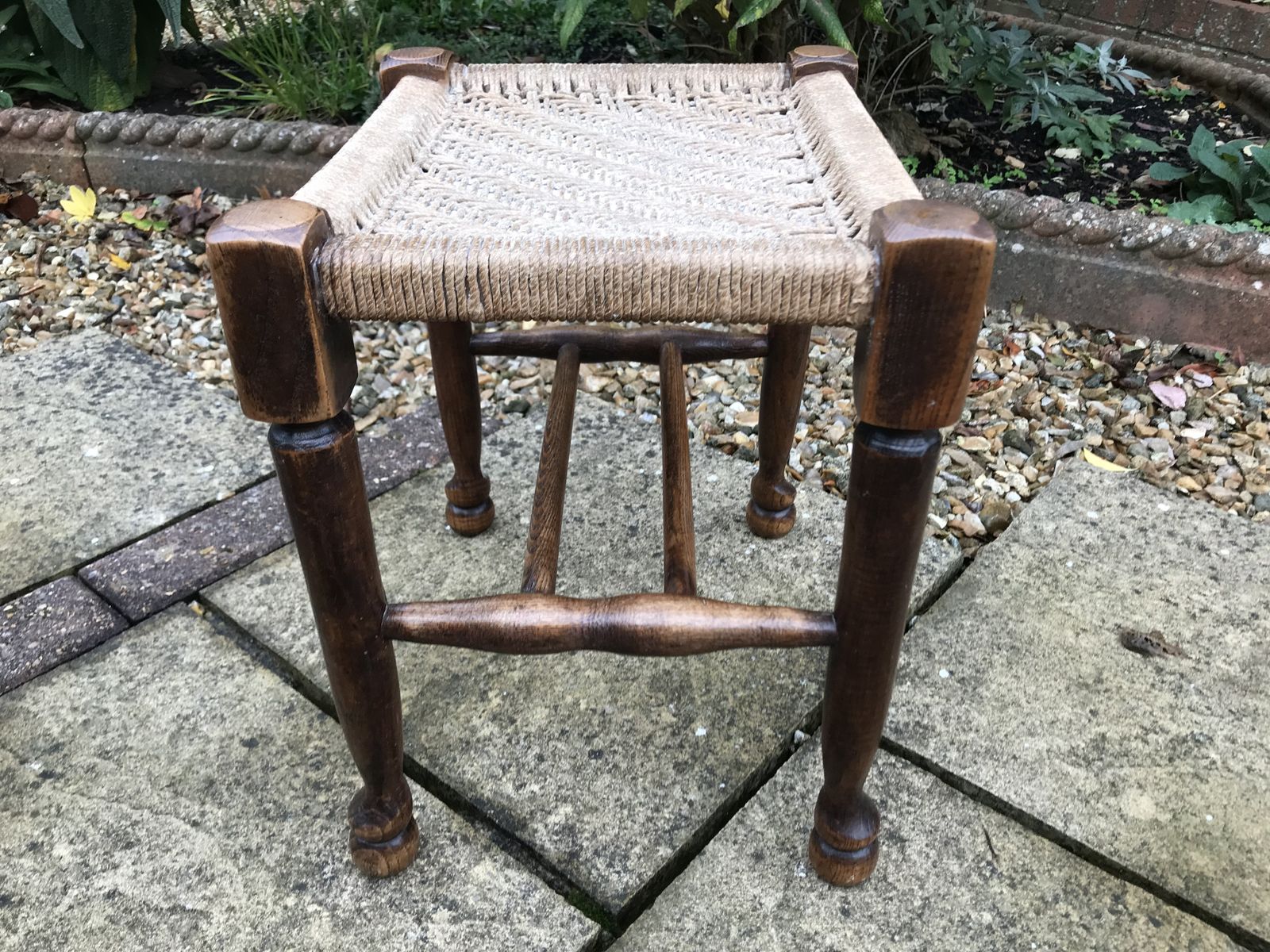 Antique Oak Padfoot Footstool With Woven String Seat photo Furniture