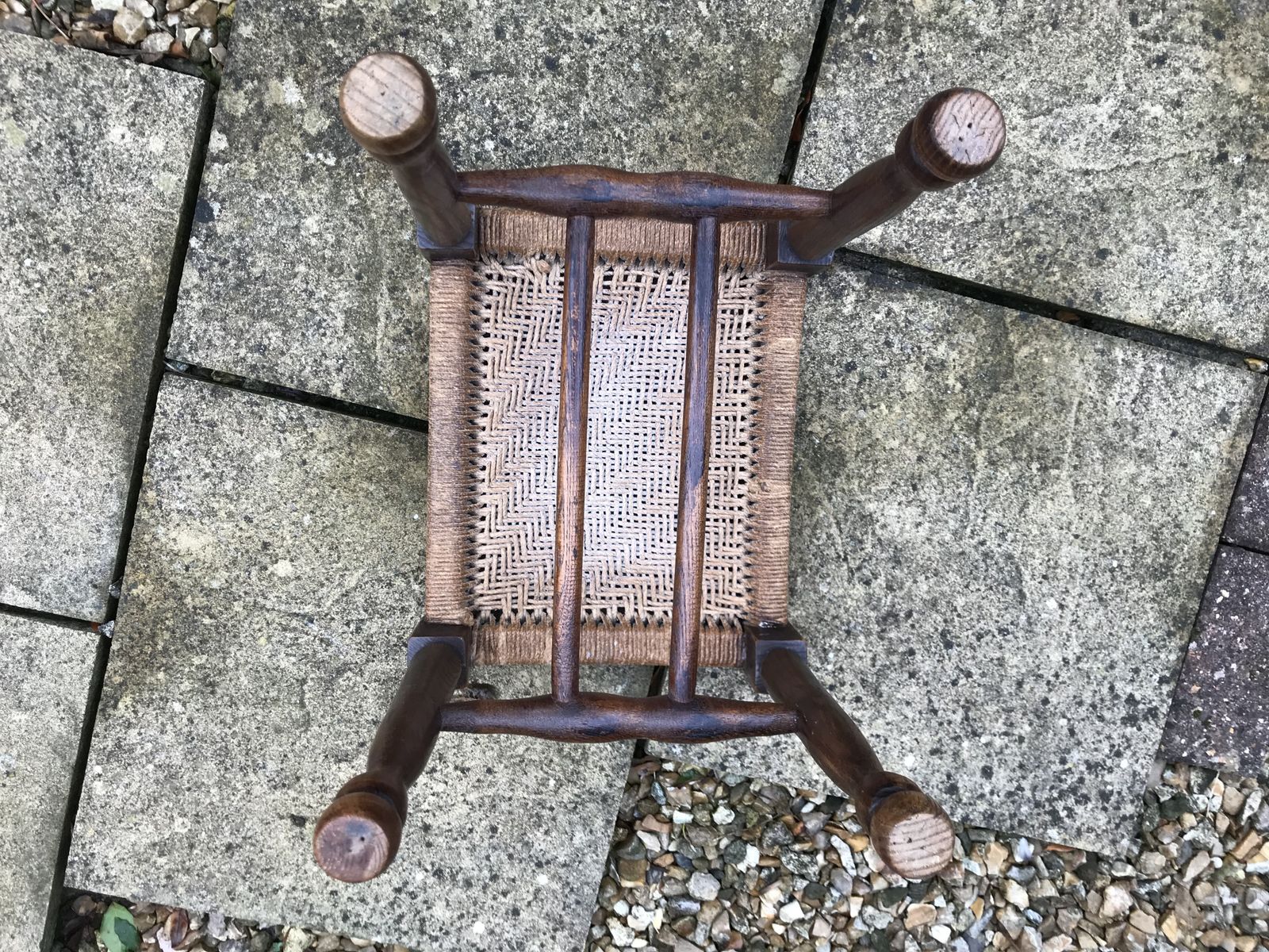 Antique Oak Padfoot Footstool With Woven String Seat photo vinterior