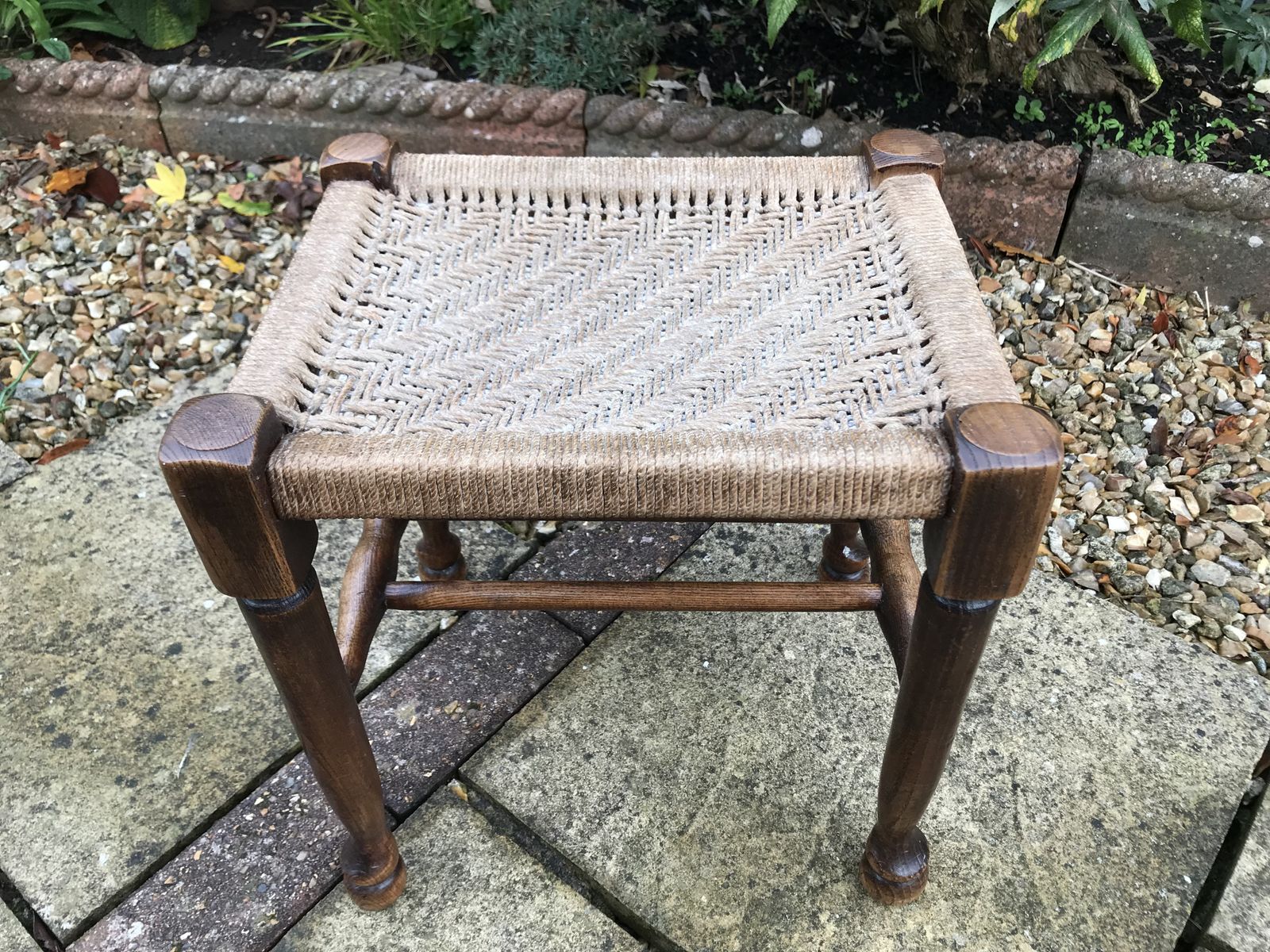 photo for sale Antique Oak Padfoot Footstool With Woven String Seat