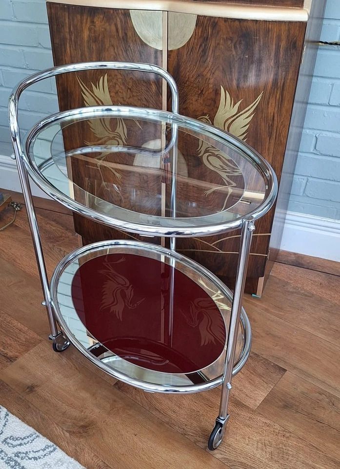 Art Deco Rolling Bar / Drinks Cart/ Trolley Of Chrome & Mirrored Glass photo 495.0
