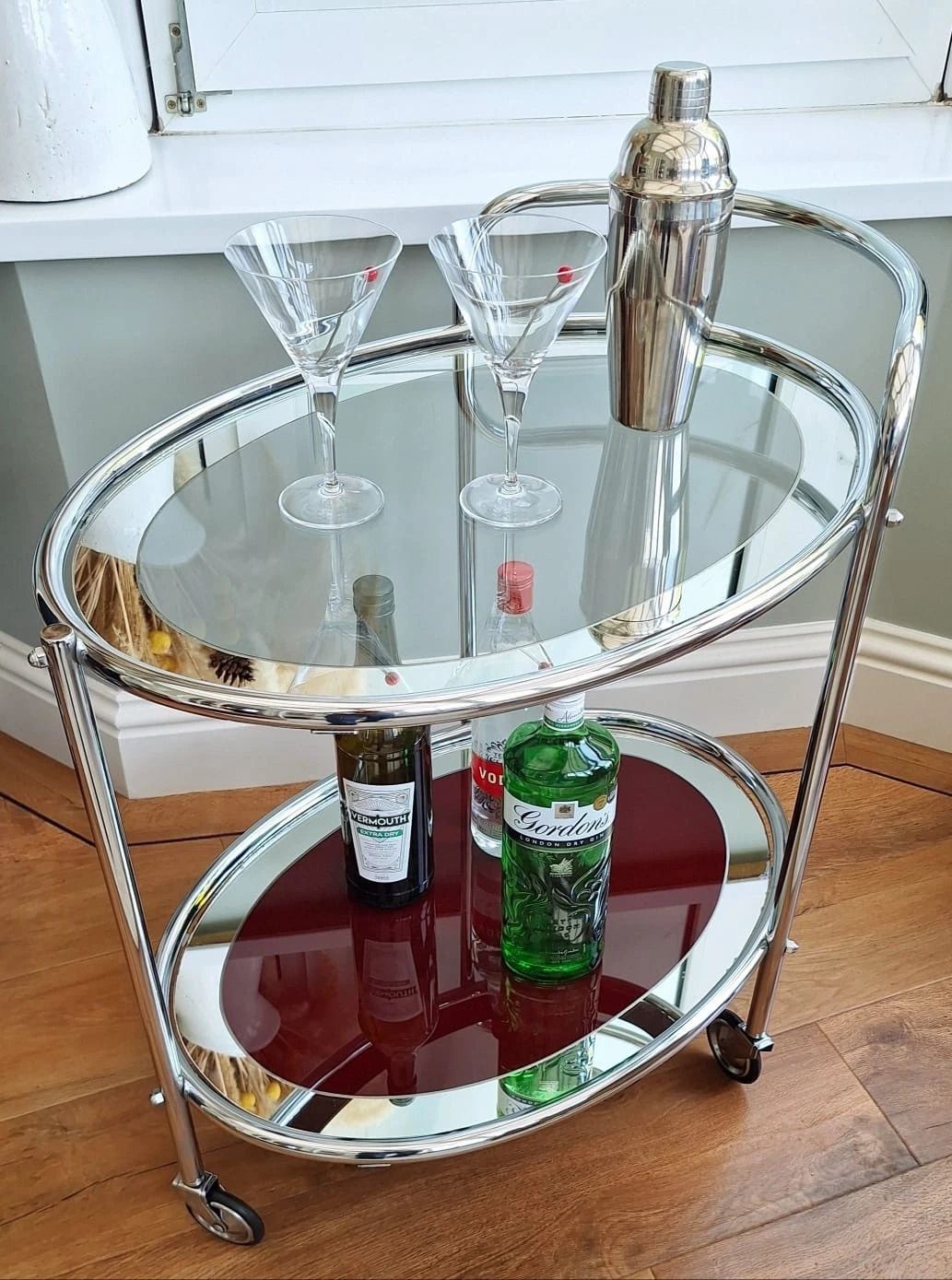 Art Deco Rolling Bar / Drinks Cart/ Trolley Of Chrome & Mirrored Glass