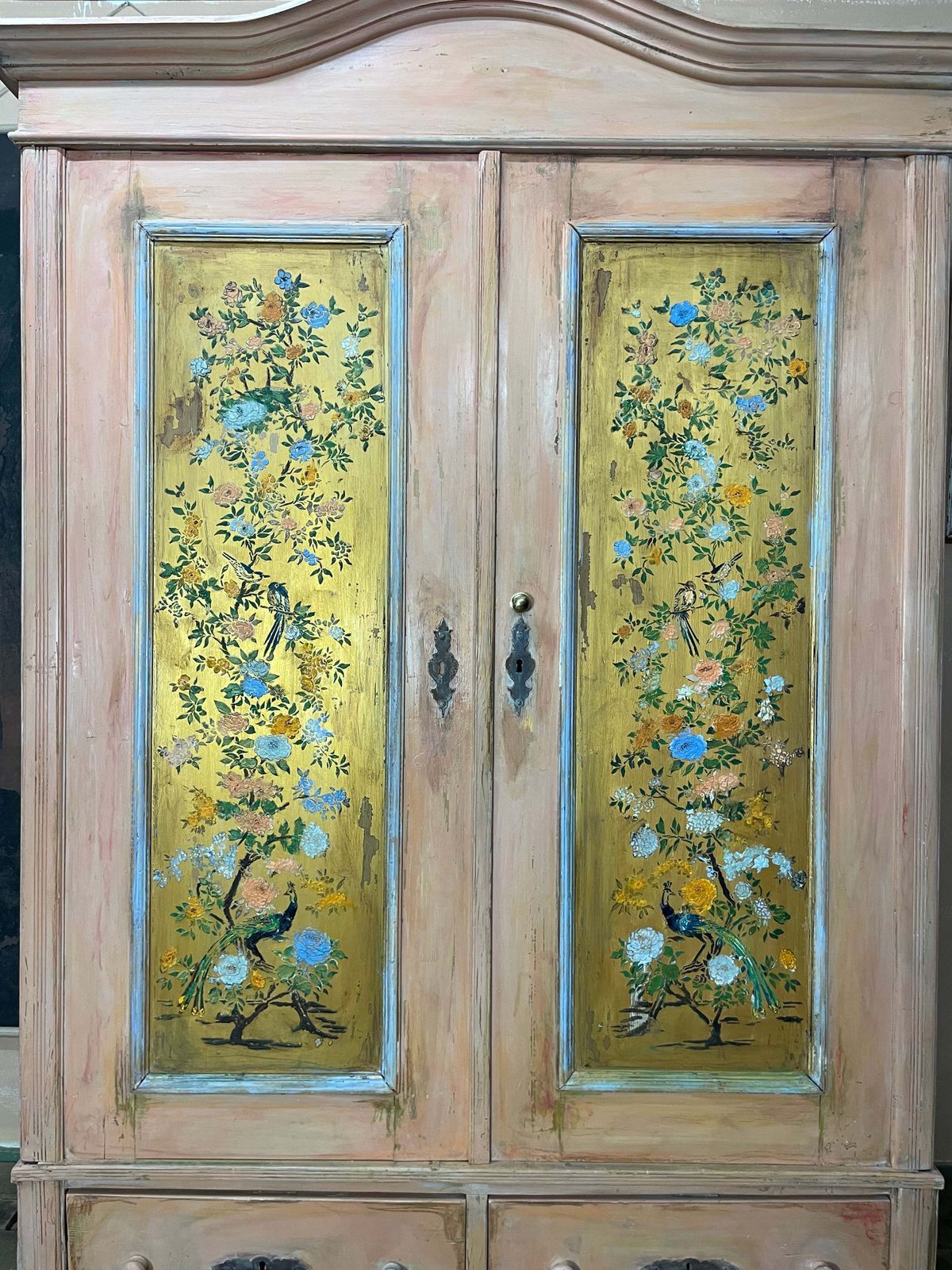 Vintage/ Antique Painted Pine Wardrobe With Inlaid Chinoiserie Panels photo Furniture