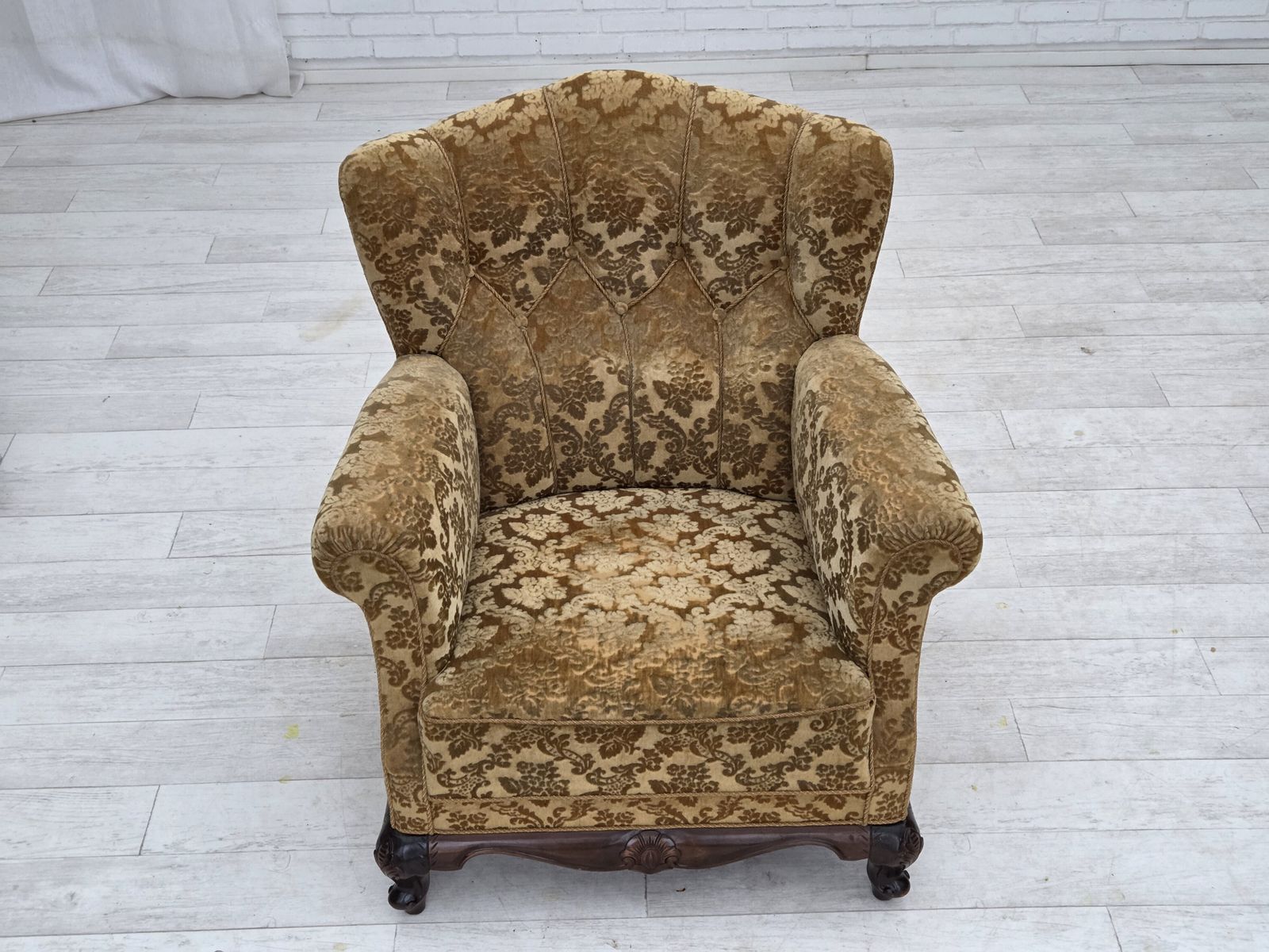 1950s, Danish Relax Armchair, Furniture Velour, Carved Oak Wood. photo 1360.0