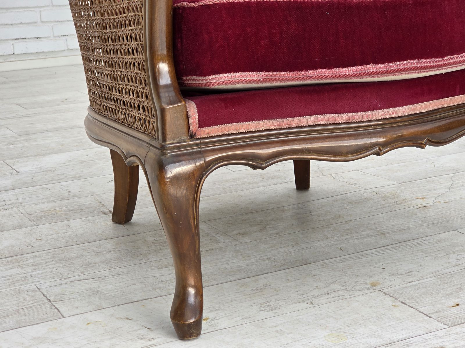 1950s, Danish Armchair, Furniture Velour, Ash Wood, Furniture Mesh. photo vintage