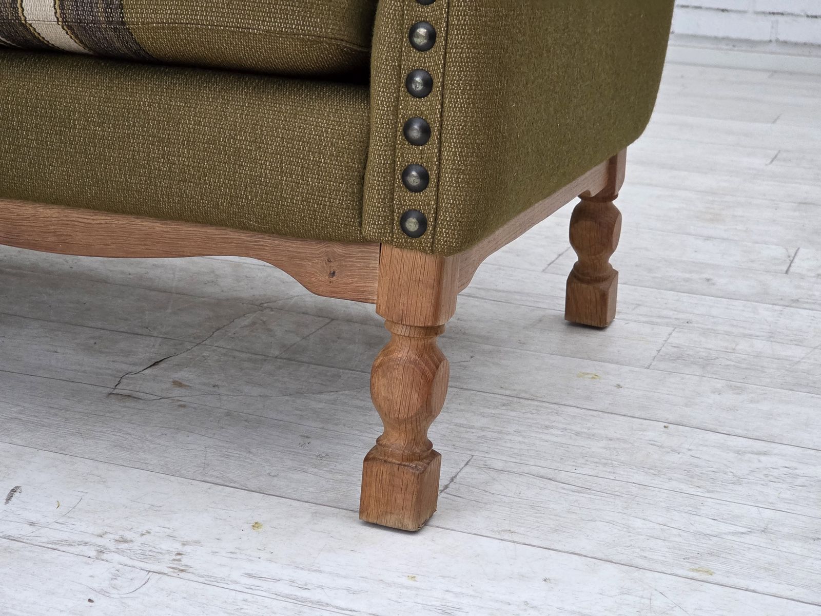 1970s, Danish 2 Seater Sofa, Green Furniture Wool, Oak Wood. photo vinterior