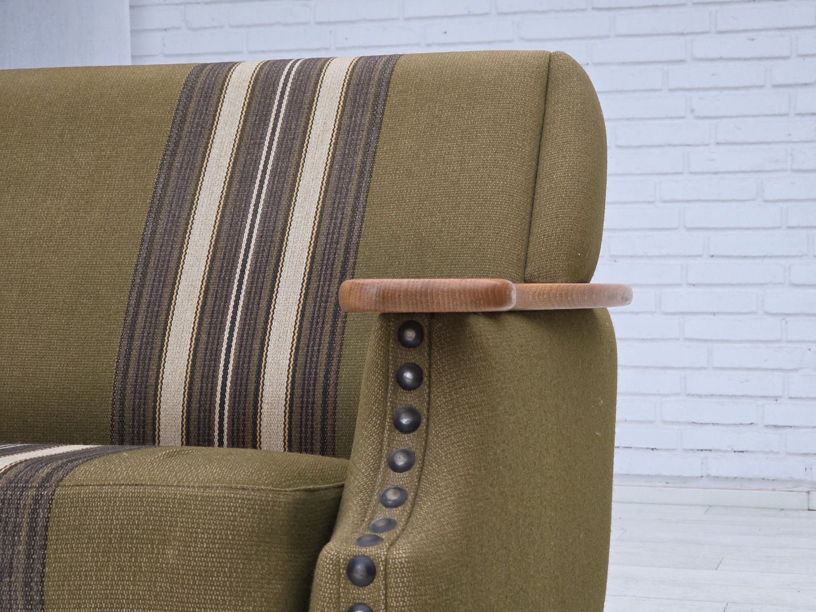 photo furniture 1970s, Danish 2 Seater Sofa, Green Furniture Wool, Oak Wood.