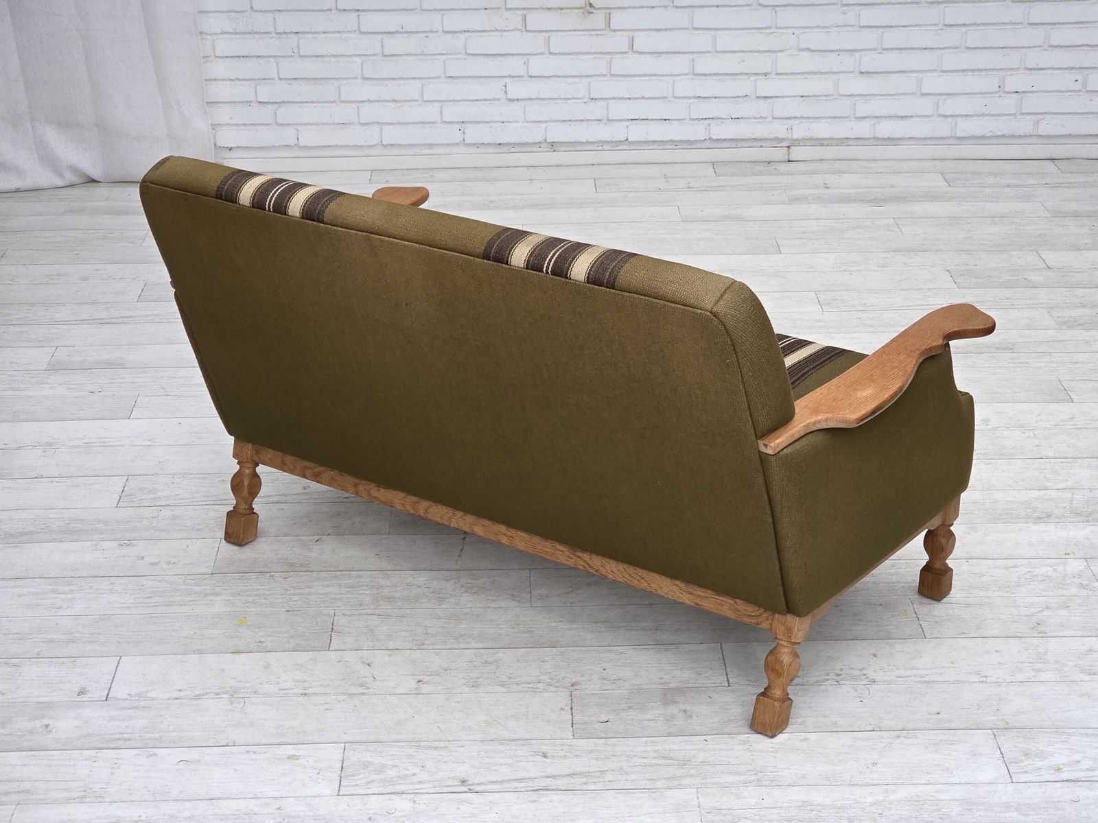 Furniture 1970s, Danish 2 Seater Sofa, Green Furniture Wool, Oak Wood. photo