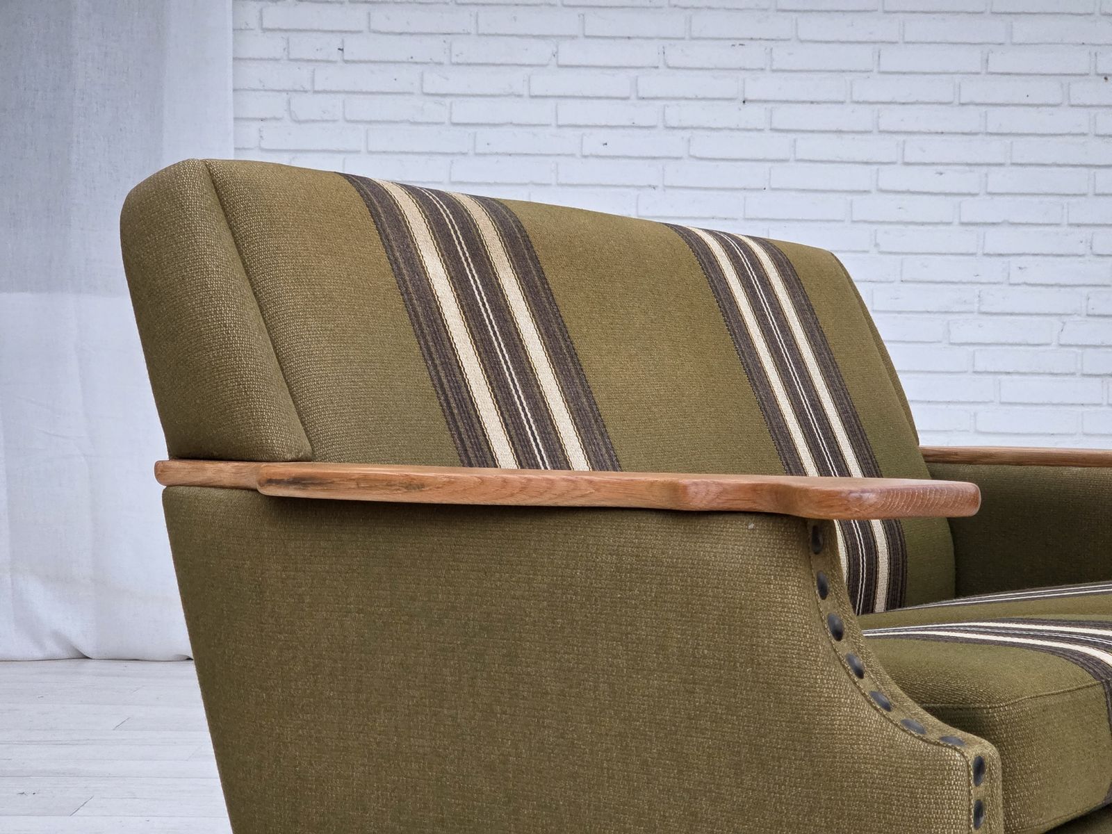 photo buy 1970s, Danish 2 Seater Sofa, Green Furniture Wool, Oak Wood.
