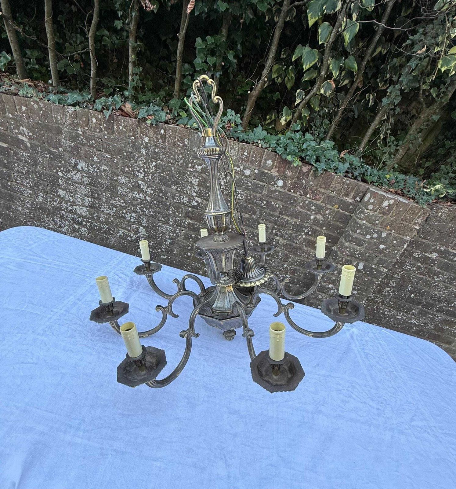 Vintage 1950s French Rococo Revival Brass & Bronze Eight Arm Chandelier – Ornate Antique Lighting