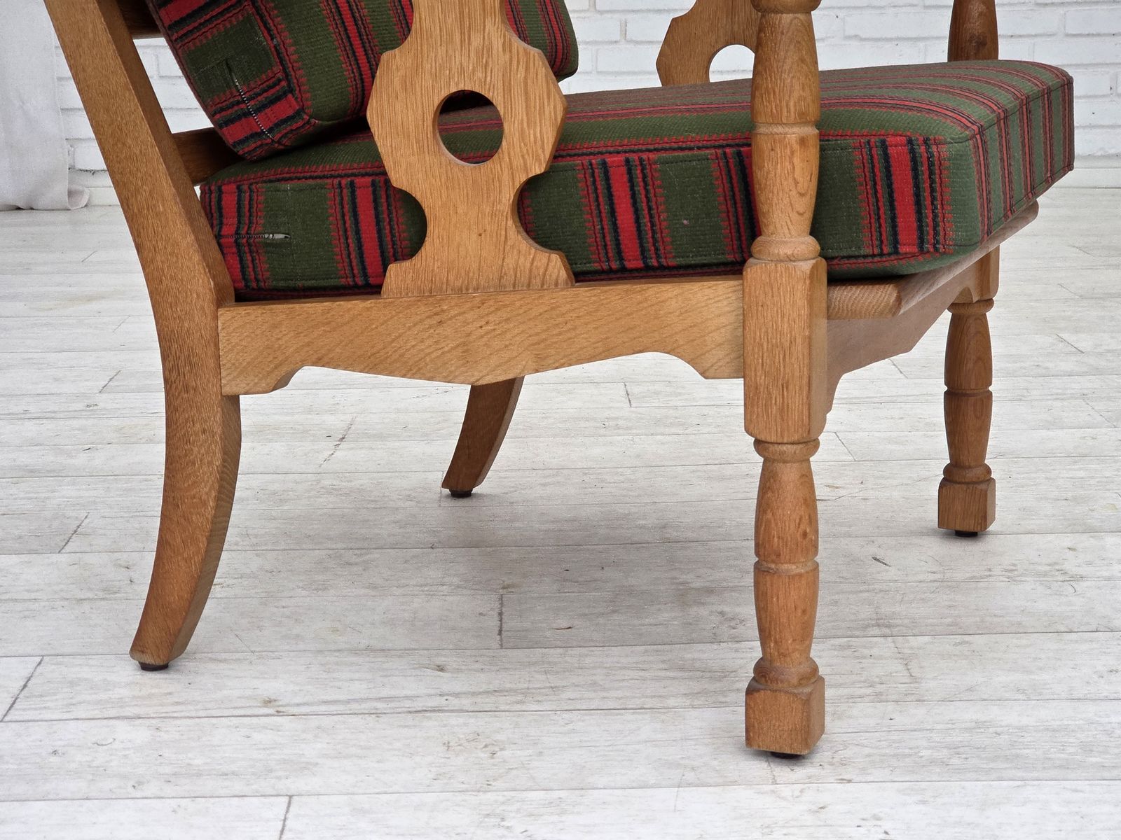 1970s, Danish Armchair, Green Furniture Wool, Solid Oak Wood. photo Furniture