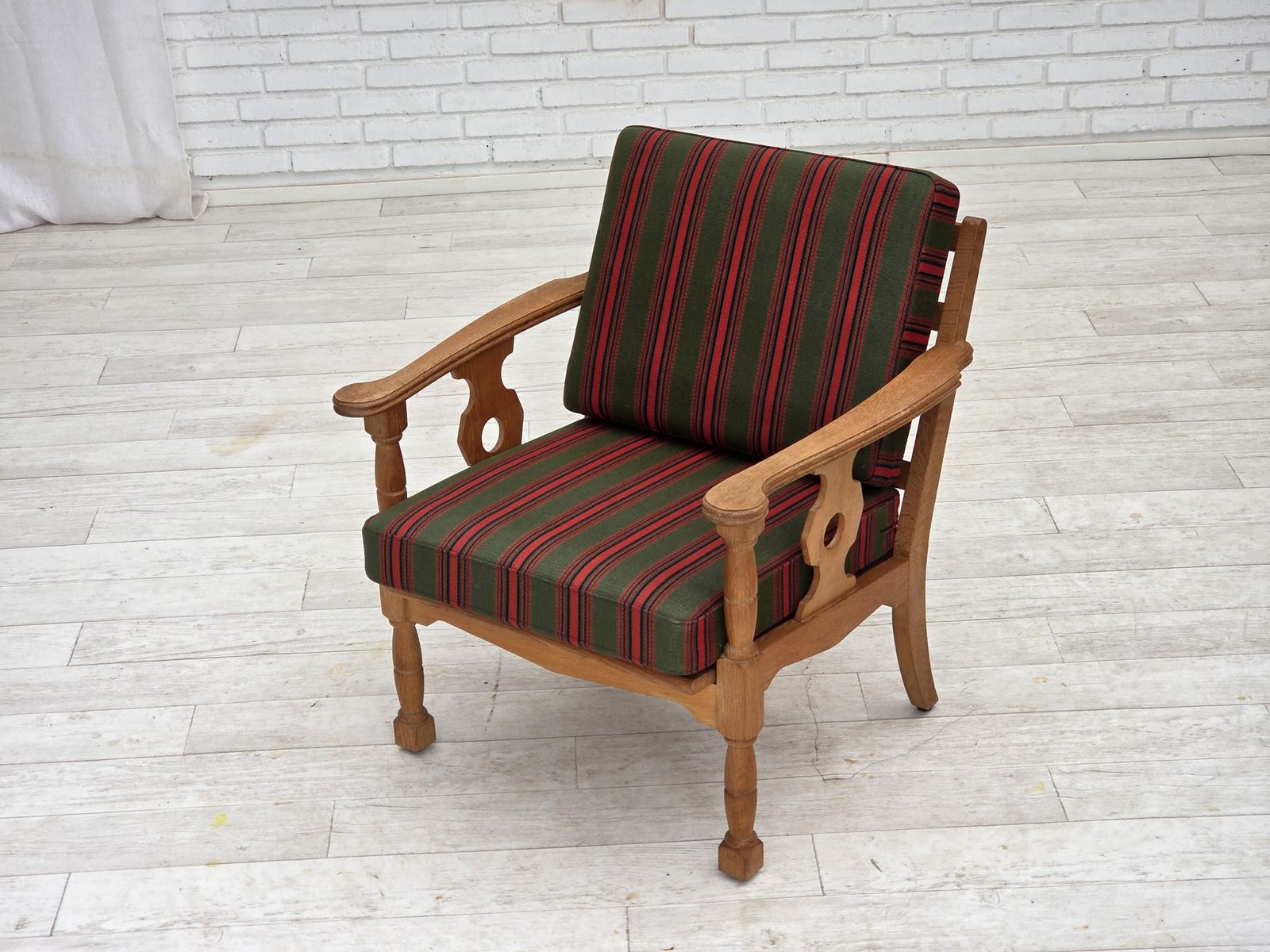 1970s, Danish Armchair, Green Furniture Wool, Solid Oak Wood. photo 950.0