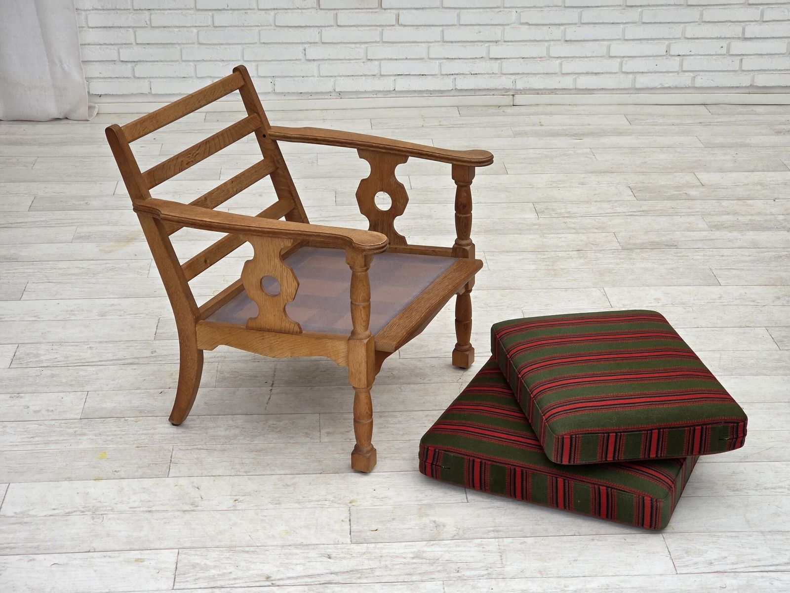 photo for sale 1970s, Danish Armchair, Green Furniture Wool, Solid Oak Wood.