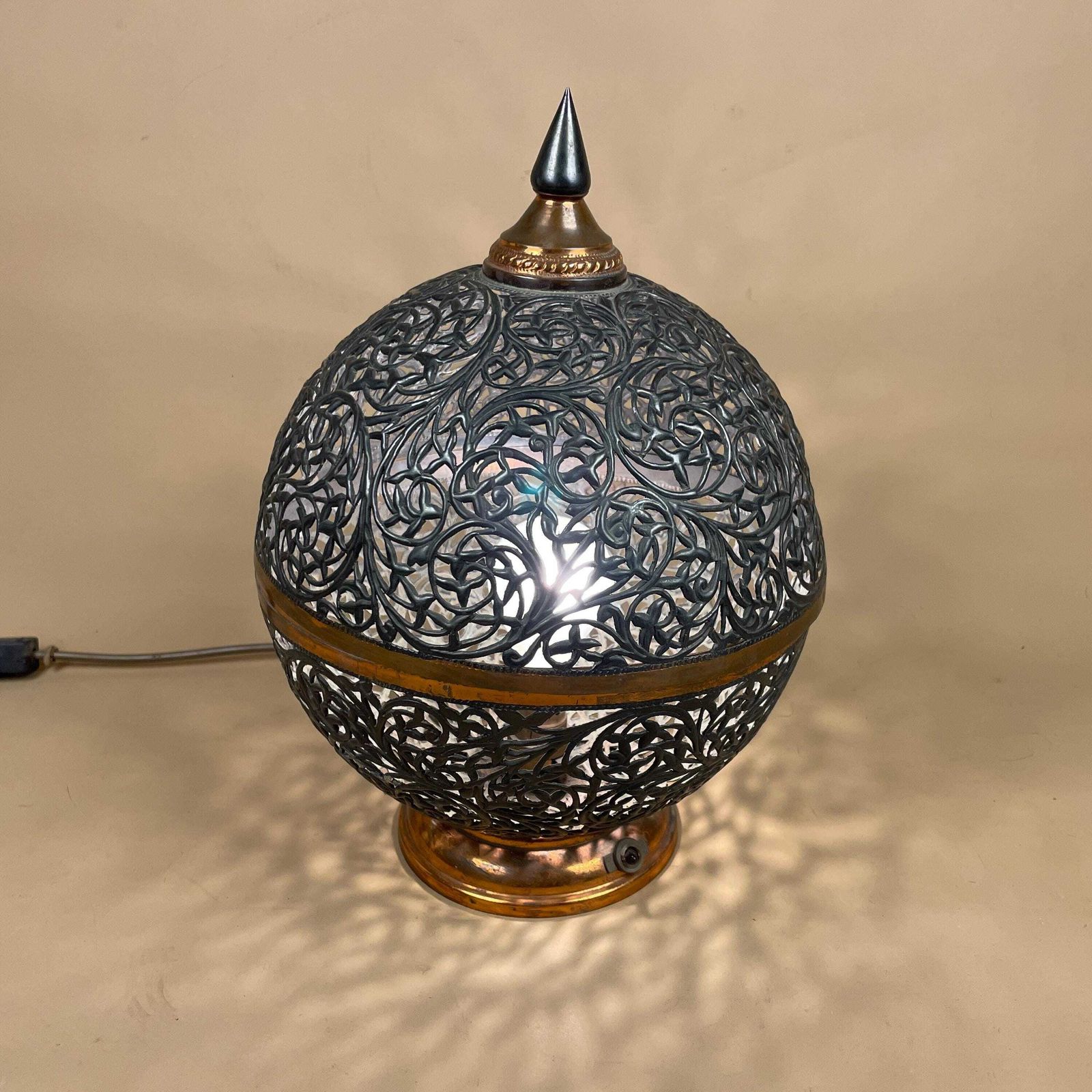 Antique Moroccan Copper Metal Lamp Light Bedside Side Table Desk Ornate Detail Vintage Handmade Patterned Ball Round Lantern Marrakech photo furniture