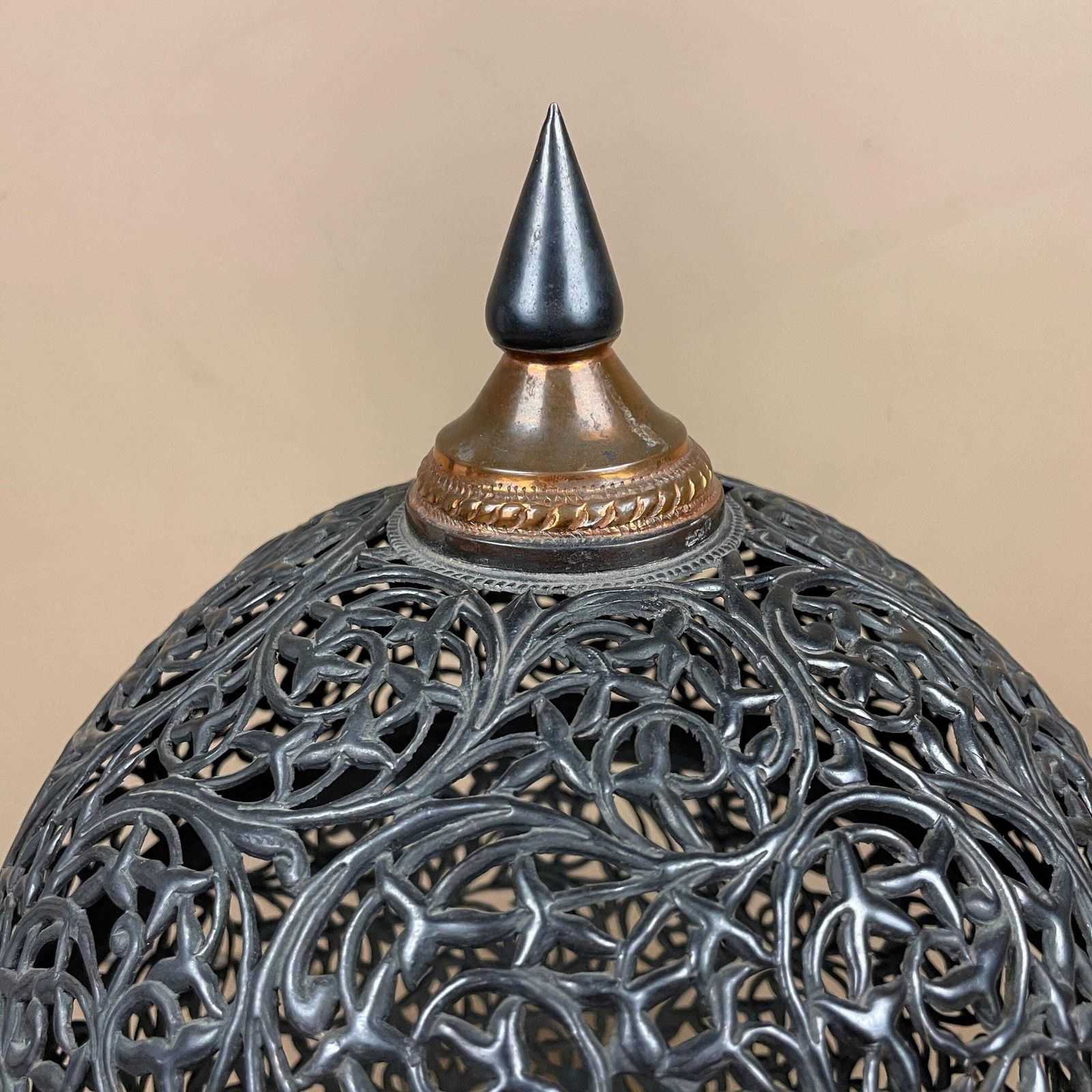 Antique Moroccan Copper Metal Lamp Light Bedside Side Table Desk Ornate Detail Vintage Handmade Patterned Ball Round Lantern Marrakech photo 139.0