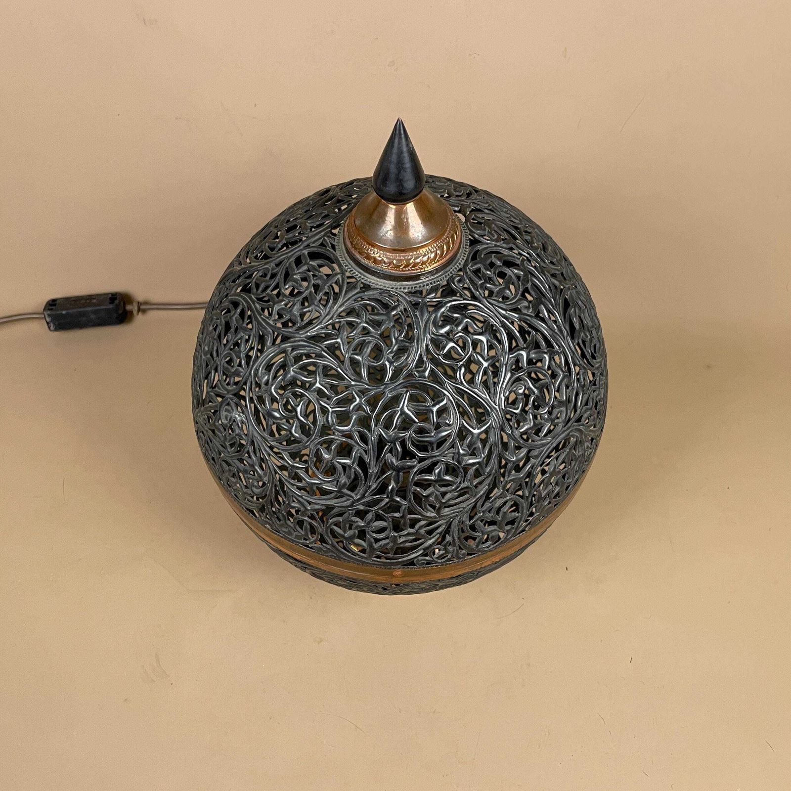 photo for sale Antique Moroccan Copper Metal Lamp Light Bedside Side Table Desk Ornate Detail Vintage Handmade Patterned Ball Round Lantern Marrakech