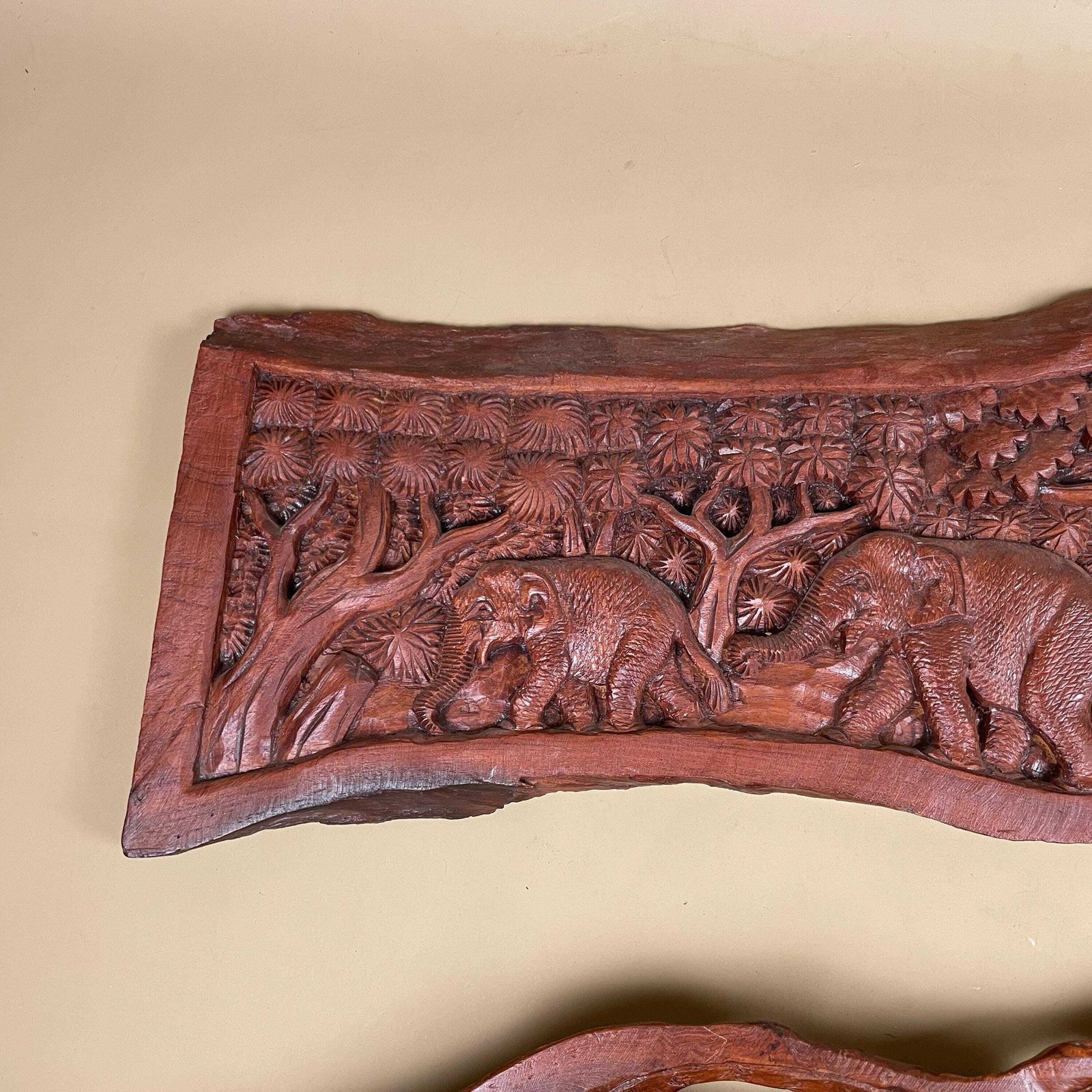 African Carved Elephant Panels Pair Handcrafted Wooden Wall Art Vintage Safari Tribal Carving Wildlife Decor Handmade Africa Folk Art photo 85.0