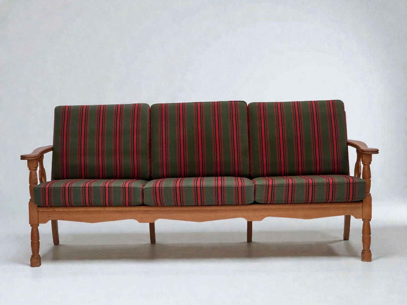 1970s, Danish 3 Seater Sofa, Green Furniture Wool, Oak Wood.