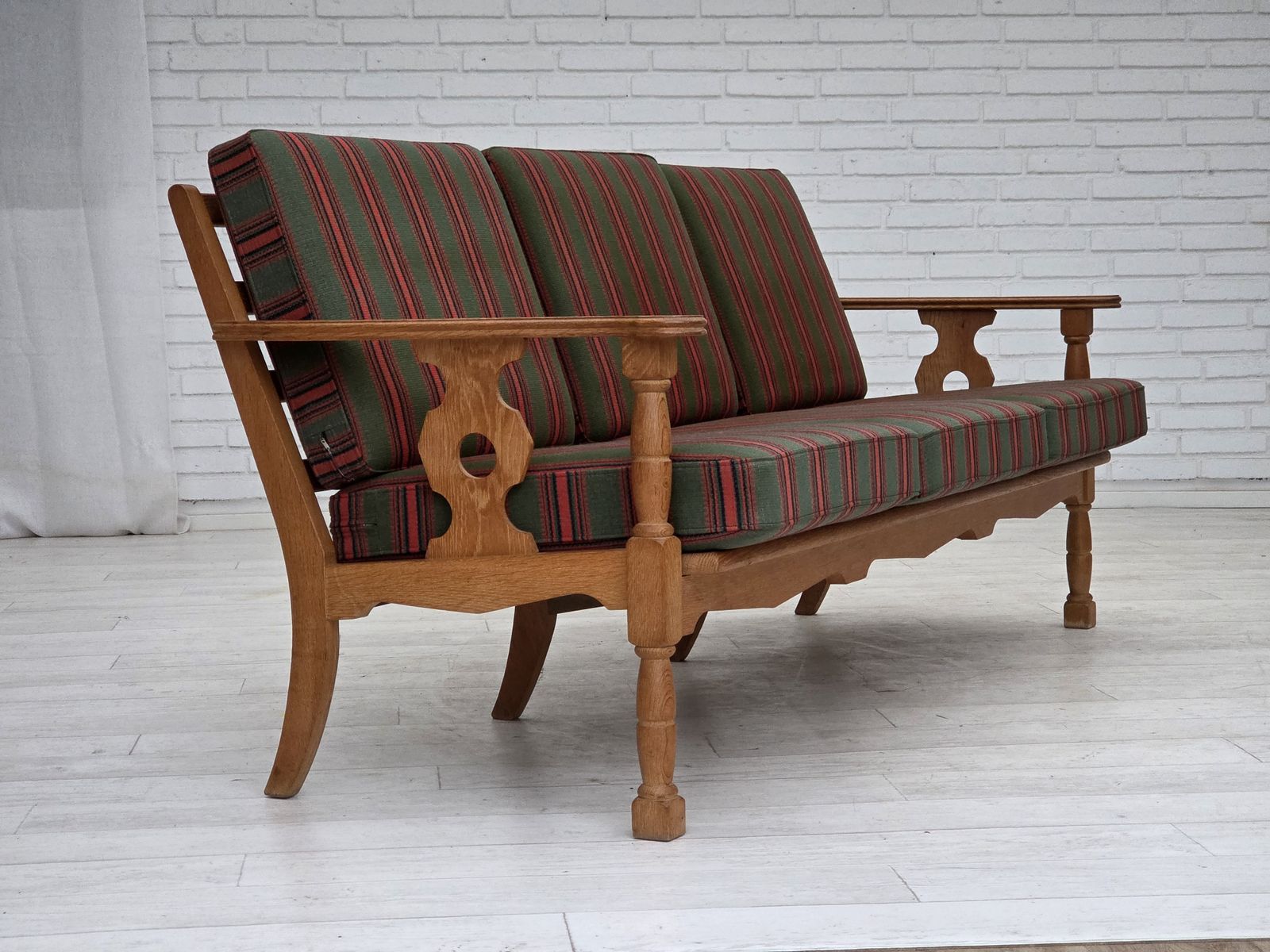 1970s, Danish 3 Seater Sofa, Green Furniture Wool, Oak Wood. photo furniture
