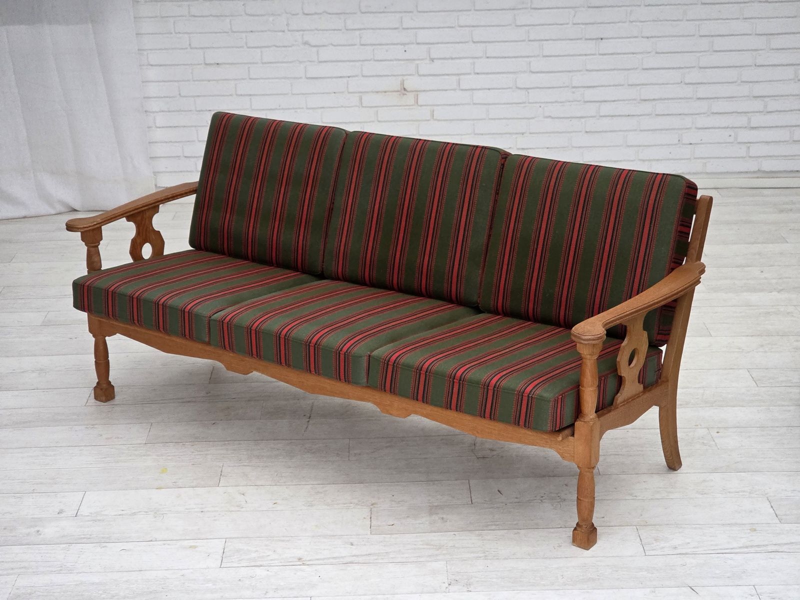 1970s, Danish 3 Seater Sofa, Green Furniture Wool, Oak Wood. photo Furniture