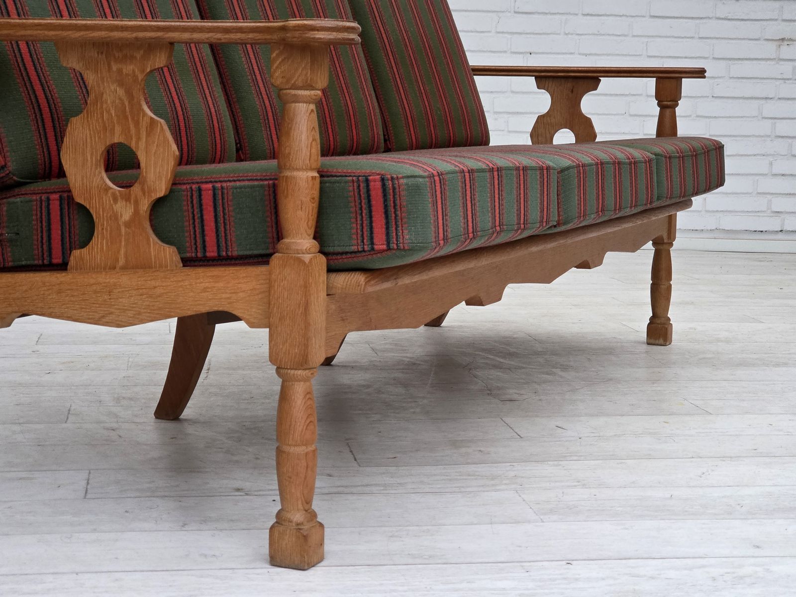 1970s, Danish 3 Seater Sofa, Green Furniture Wool, Oak Wood. photo vintage