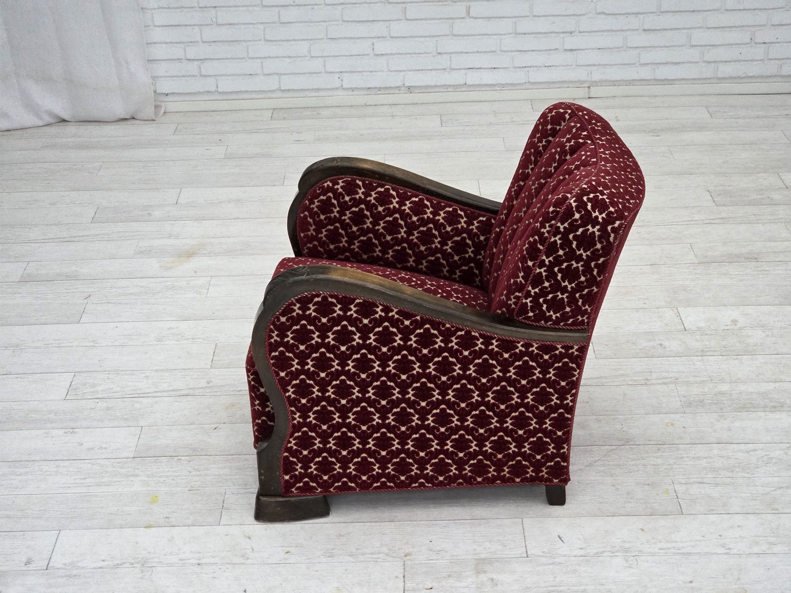 1960s, Danish Armchair, Cherry Red Furniture Velour, Oak Wood. photo 1190.0
