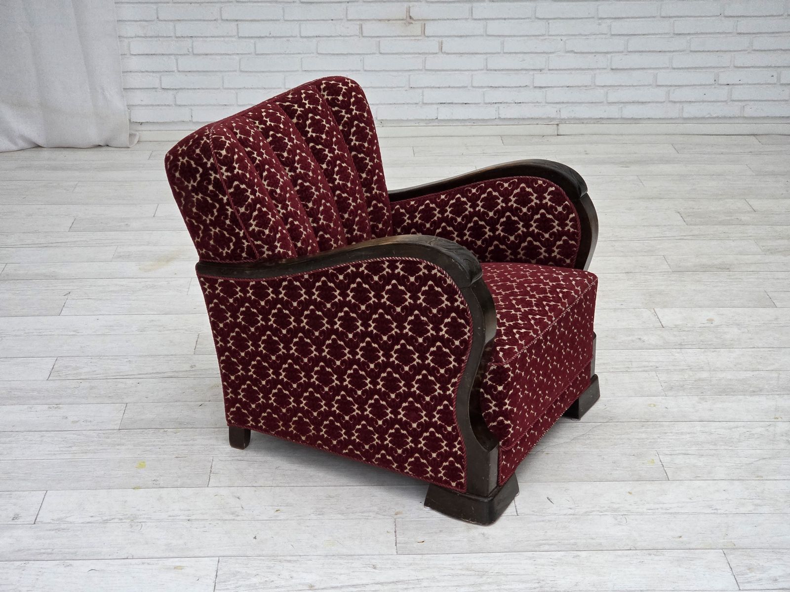 photo buy 1960s, Danish Armchair, Cherry Red Furniture Velour, Oak Wood.