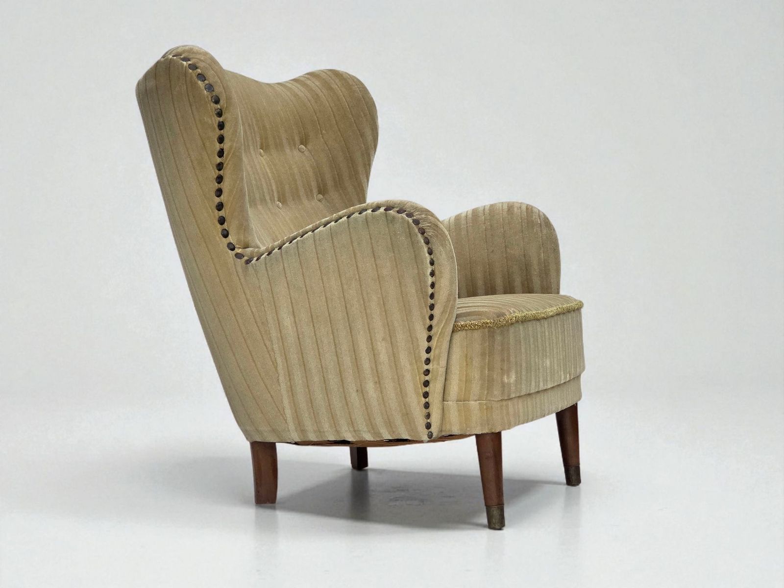 1960s, Danish Armchair, Light Green Furniture Velour, Beech Wood.