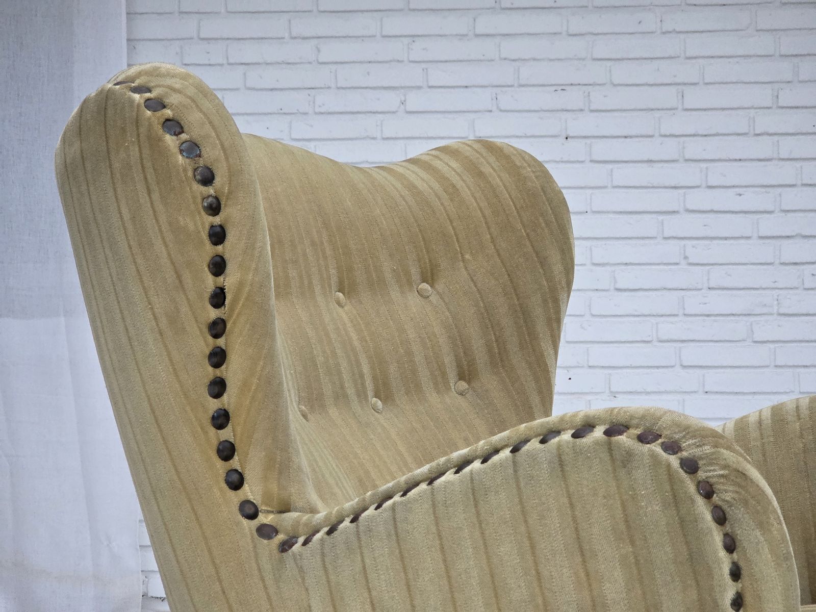 photo buy 1960s, Danish Armchair, Light Green Furniture Velour, Beech Wood.