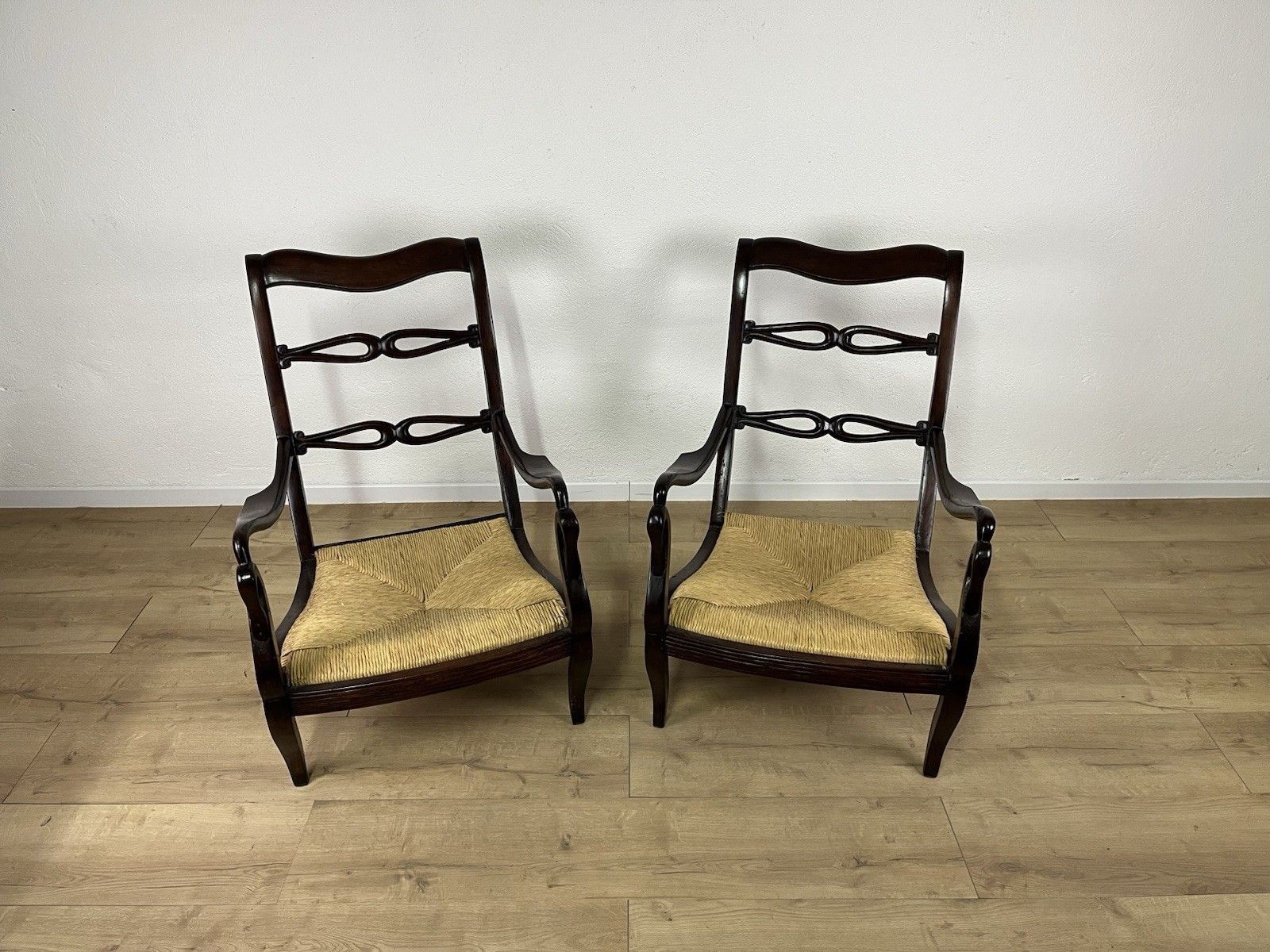Pair Of 40’s Vintage Design Swan Straw Wood Armchairs