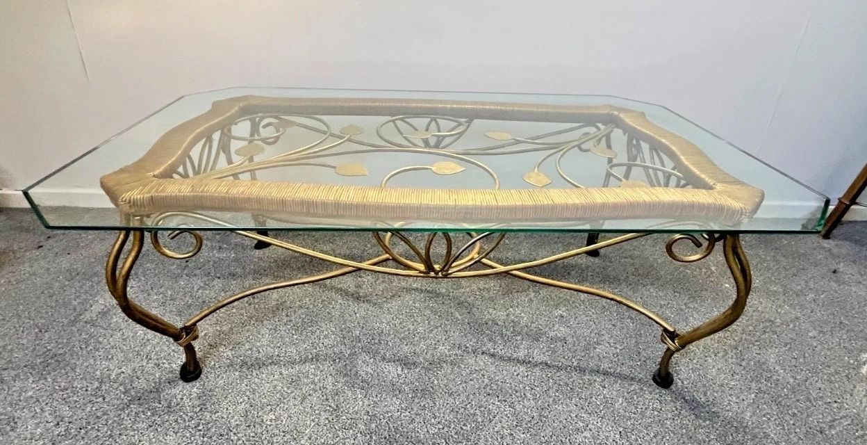 Vintage Wrought Iron Gold Coffee Table W Bevelled Glass Top – Ornate Vine Design