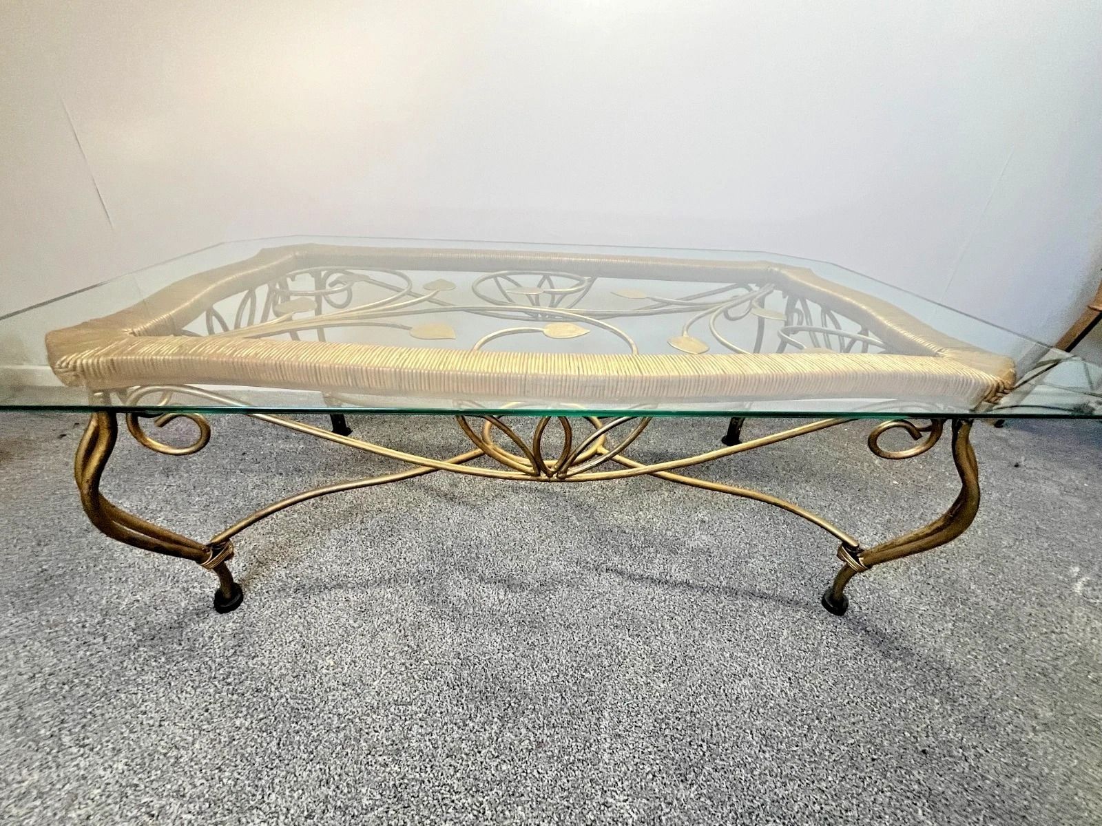 Vintage Wrought Iron Gold Coffee Table W Bevelled Glass Top – Ornate Vine Design photo for sale