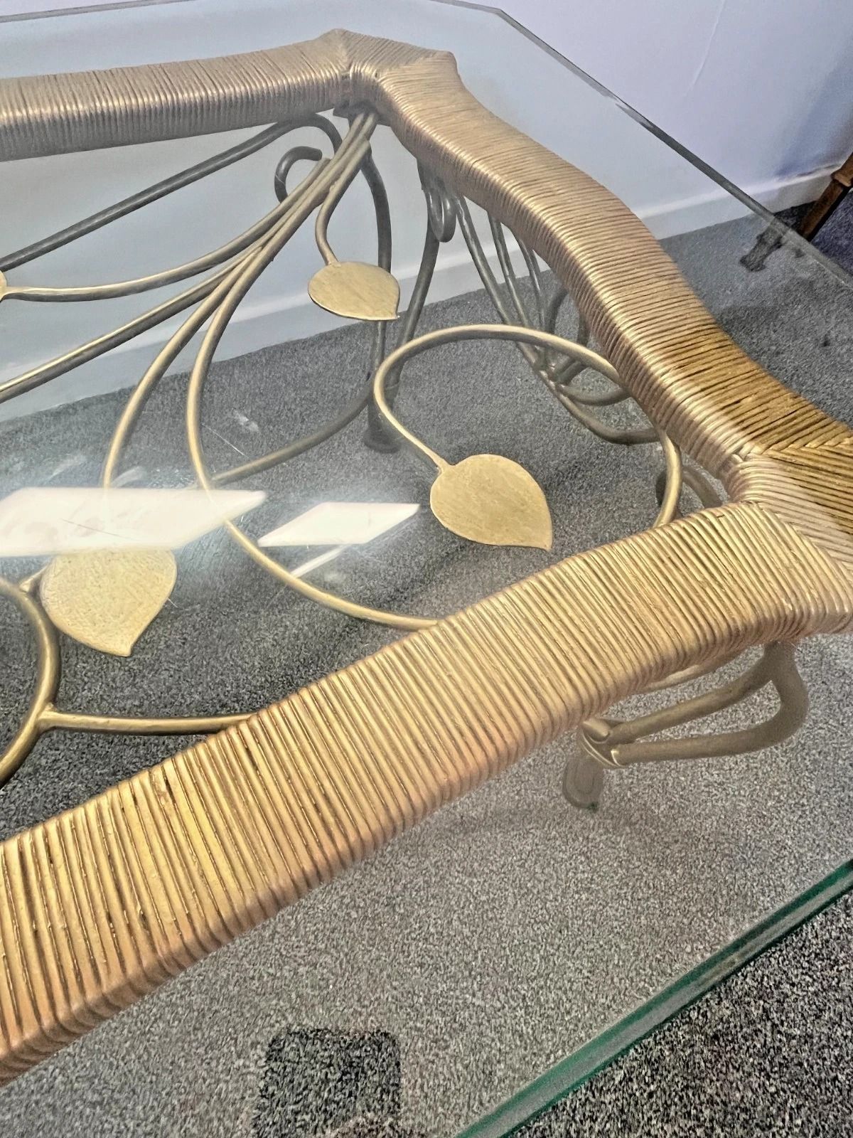 Furniture Vintage Wrought Iron Gold Coffee Table W Bevelled Glass Top – Ornate Vine Design photo