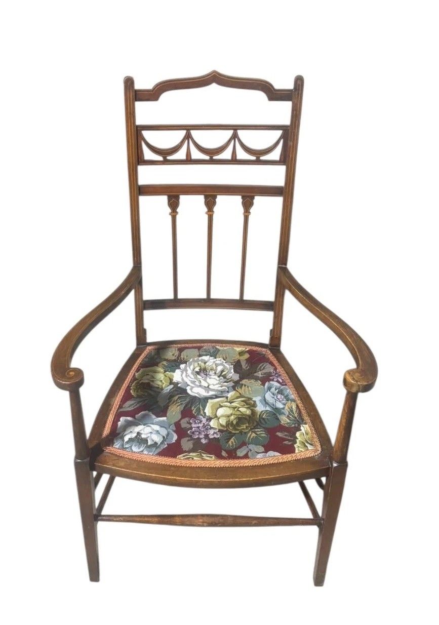 Antique Edwardian Inlaid Mahogany Armchair Art Nouveau C1900s
