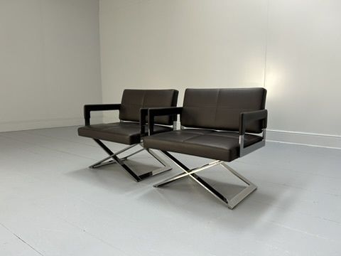 Pair Of Poltrona Frau “Aster X” Lounge Armchairs – In Dark Brown “Pelle Frau” Leather