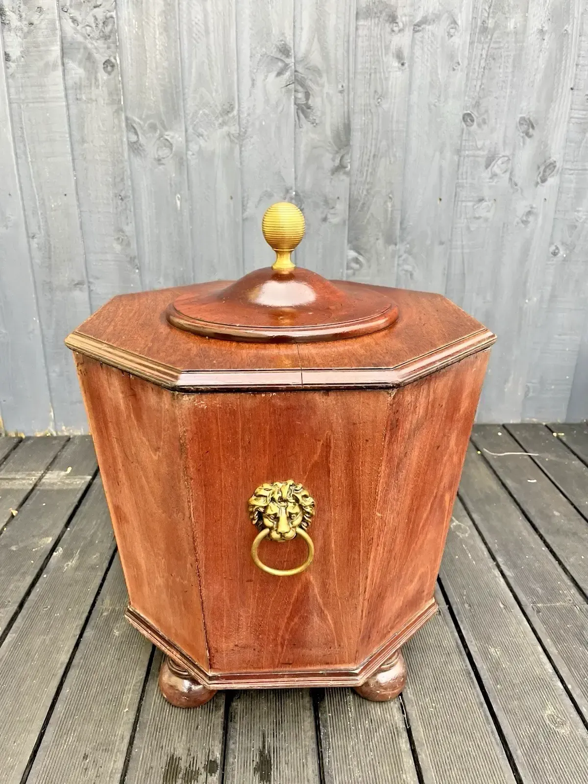 19th C Country House Octagonal Cellarette Wine Cooler 4 Brass Lion Head Handles photo for sale