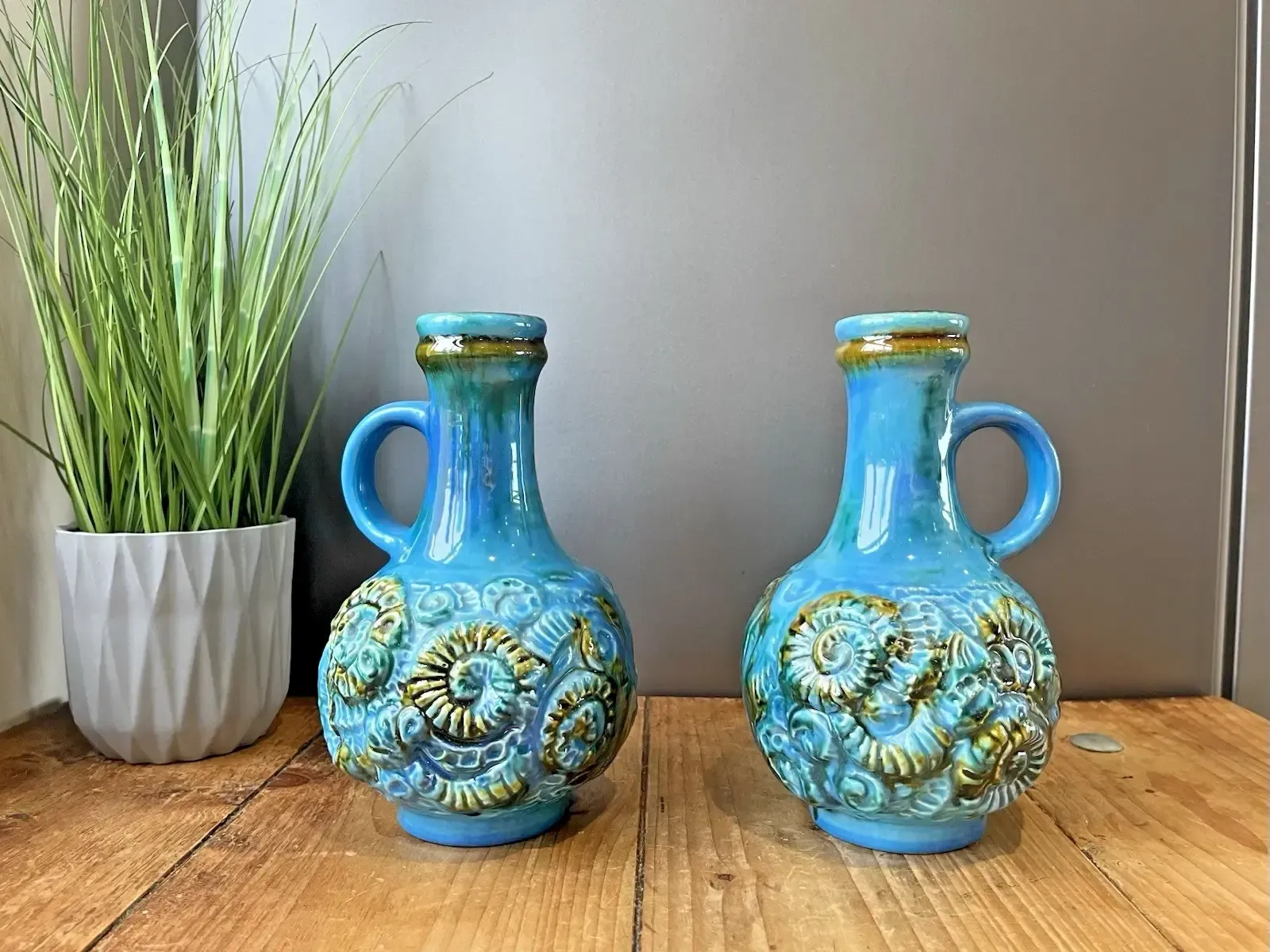 Pair Of Mid Century 60's Carstens Keramik West German Pottery Ammonite Jug Vases