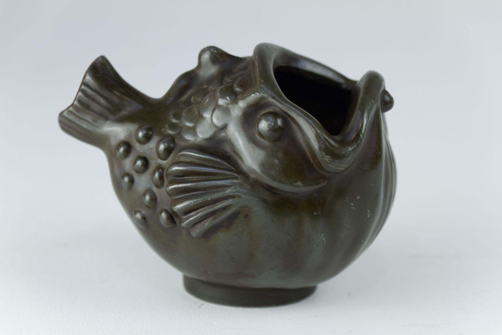 Danish Art Deco Fish Vase In Disko Metal By Just Andersen, 1930s. photo for sale
