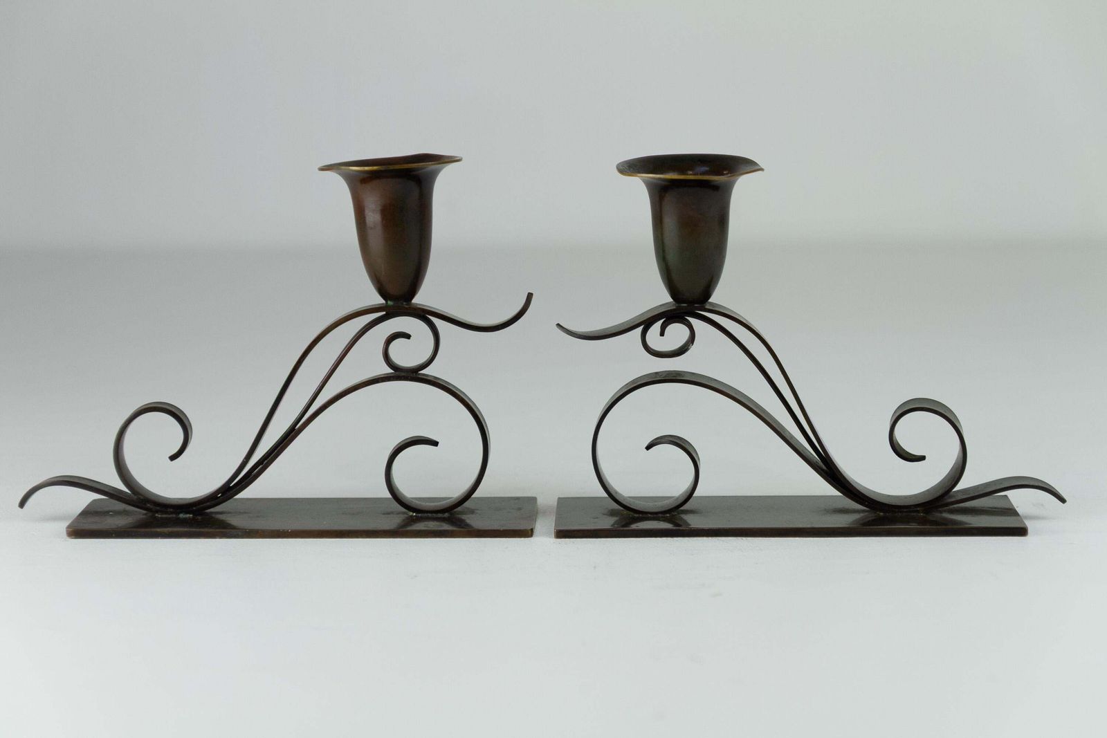photo for sale Danish Art Nouveau Candle Holders By H.F. Bronze, 1920s. Set Of 2.