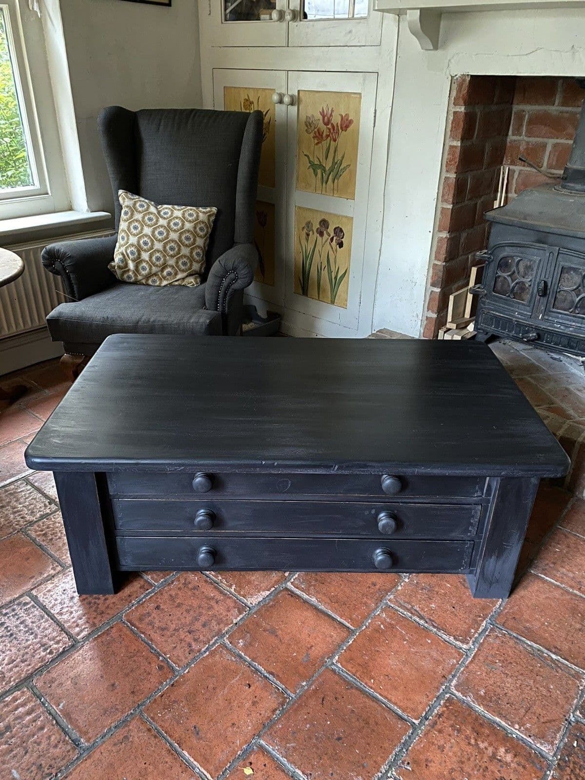 Large Black Painted Pine Late 20th Century Coffee Tv Table Plan Chest Style photo 695.0