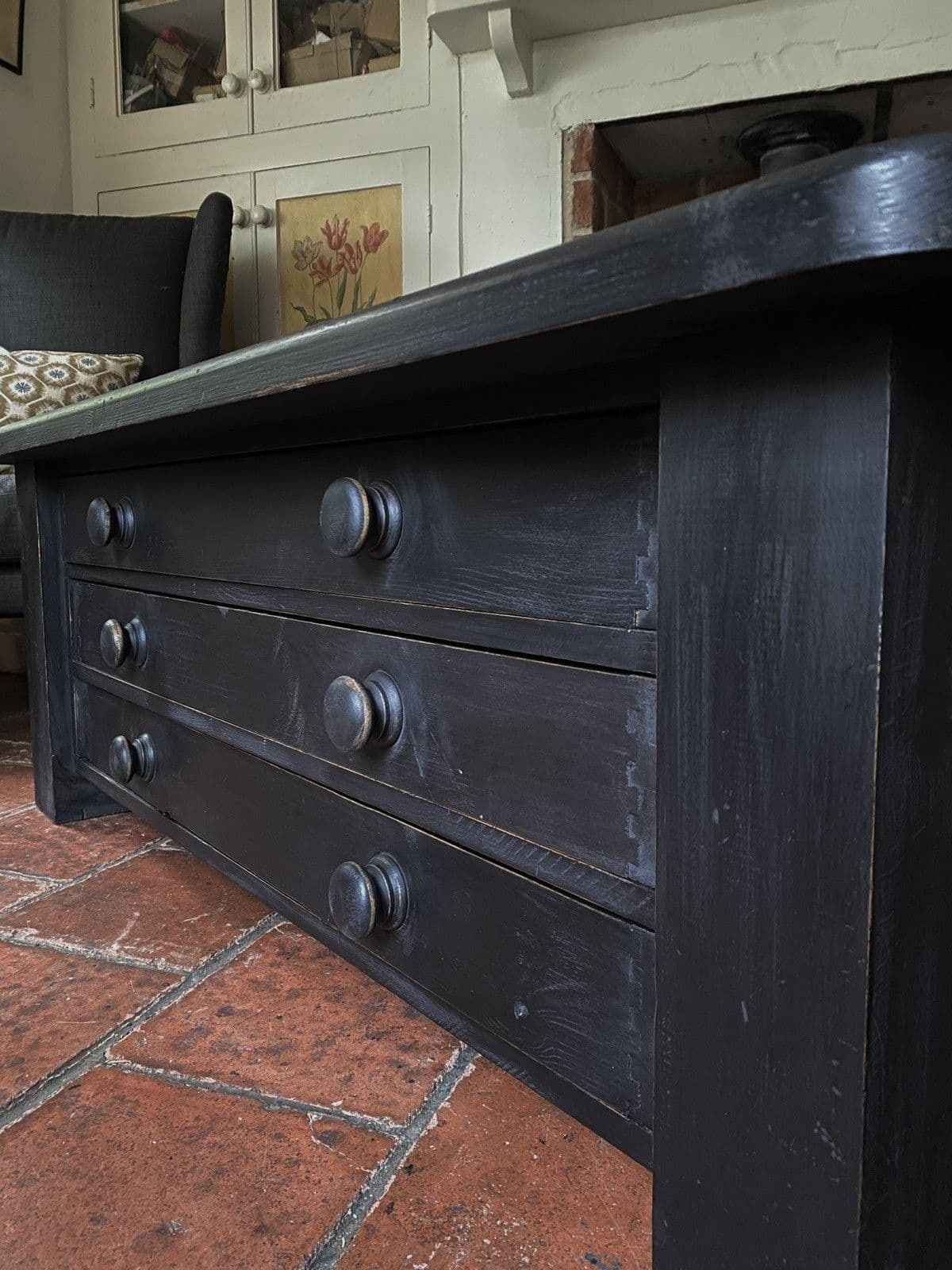 Large Black Painted Pine Late 20th Century Coffee Tv Table Plan Chest Style photo buy