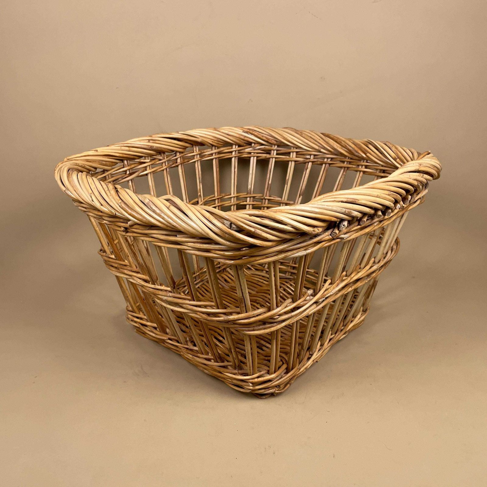 Vintage Basket Woven Wicker Vintage Log Storage Cottage Farmhouse Decor Brown Open Weave Square Handmade Fireside Fire