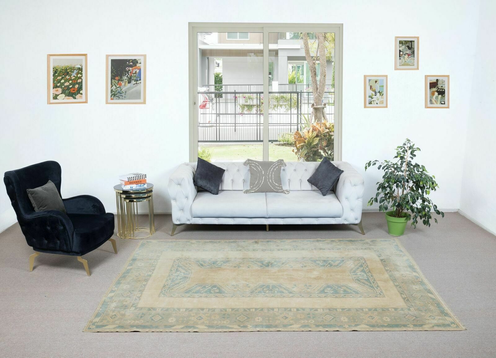 6.5x9.7 Ft Faded Hand Knotted Oushak Rug, Vintage Geometric Anatolian Carpet photo furniture