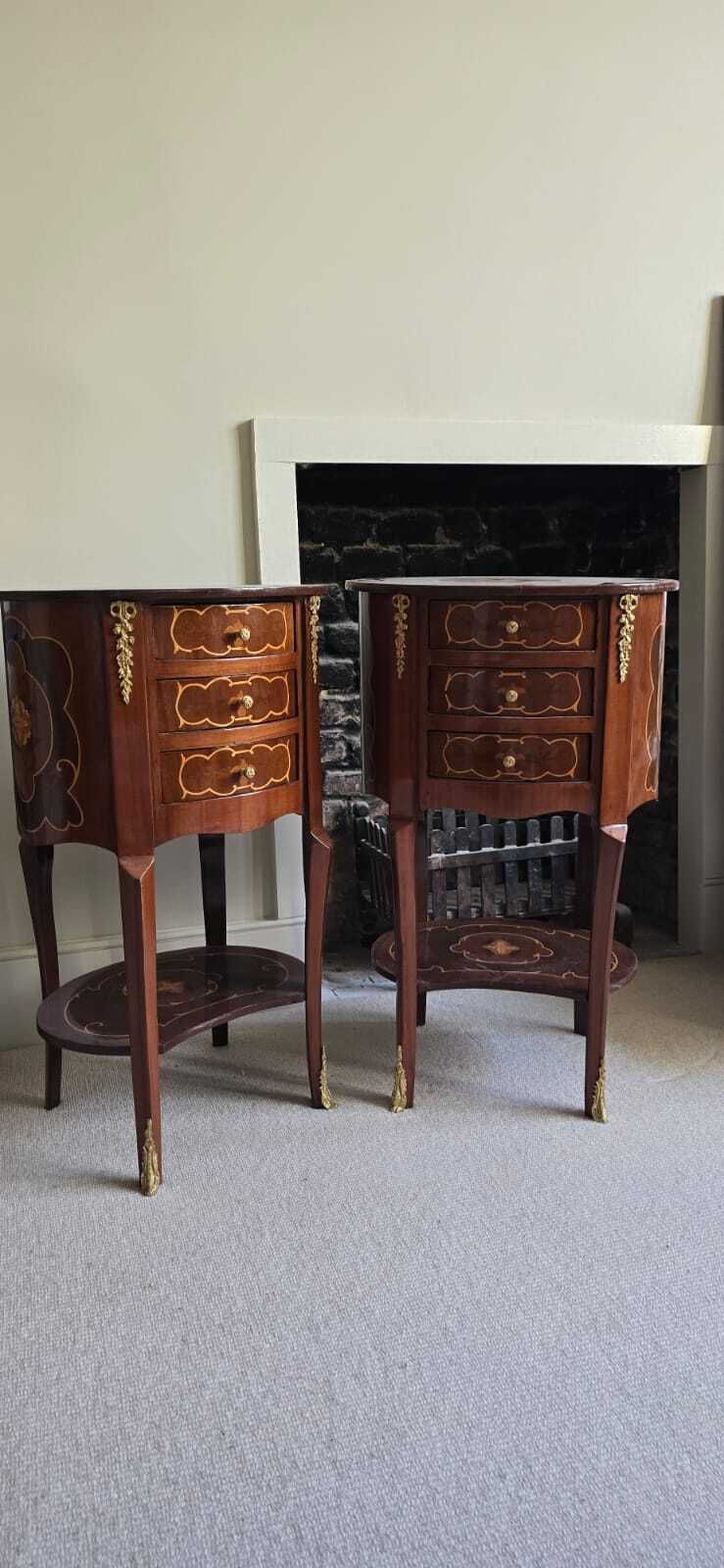 A Pair Of Louis XV Style Gilt Metal Mounted Inlaid Bedside Tables 20th Century