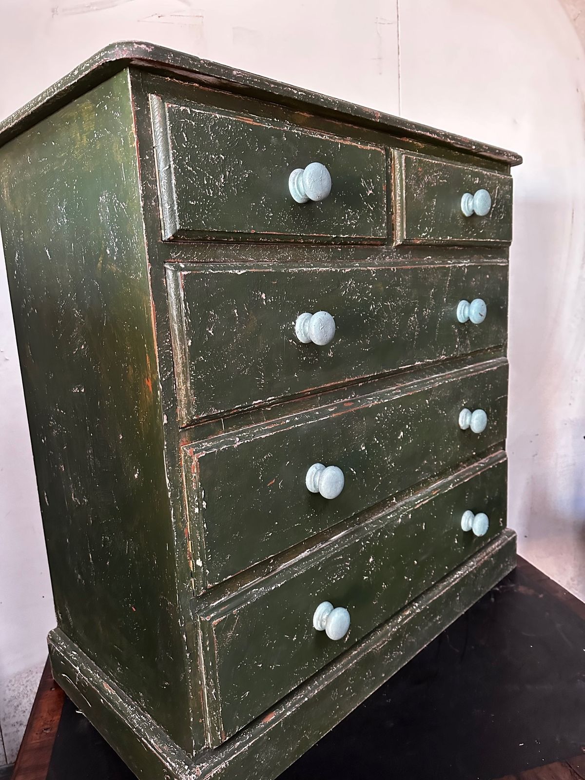 Solid Pine Retro Chest Of Drawers With Green Distressed Paint Finish photo for sale