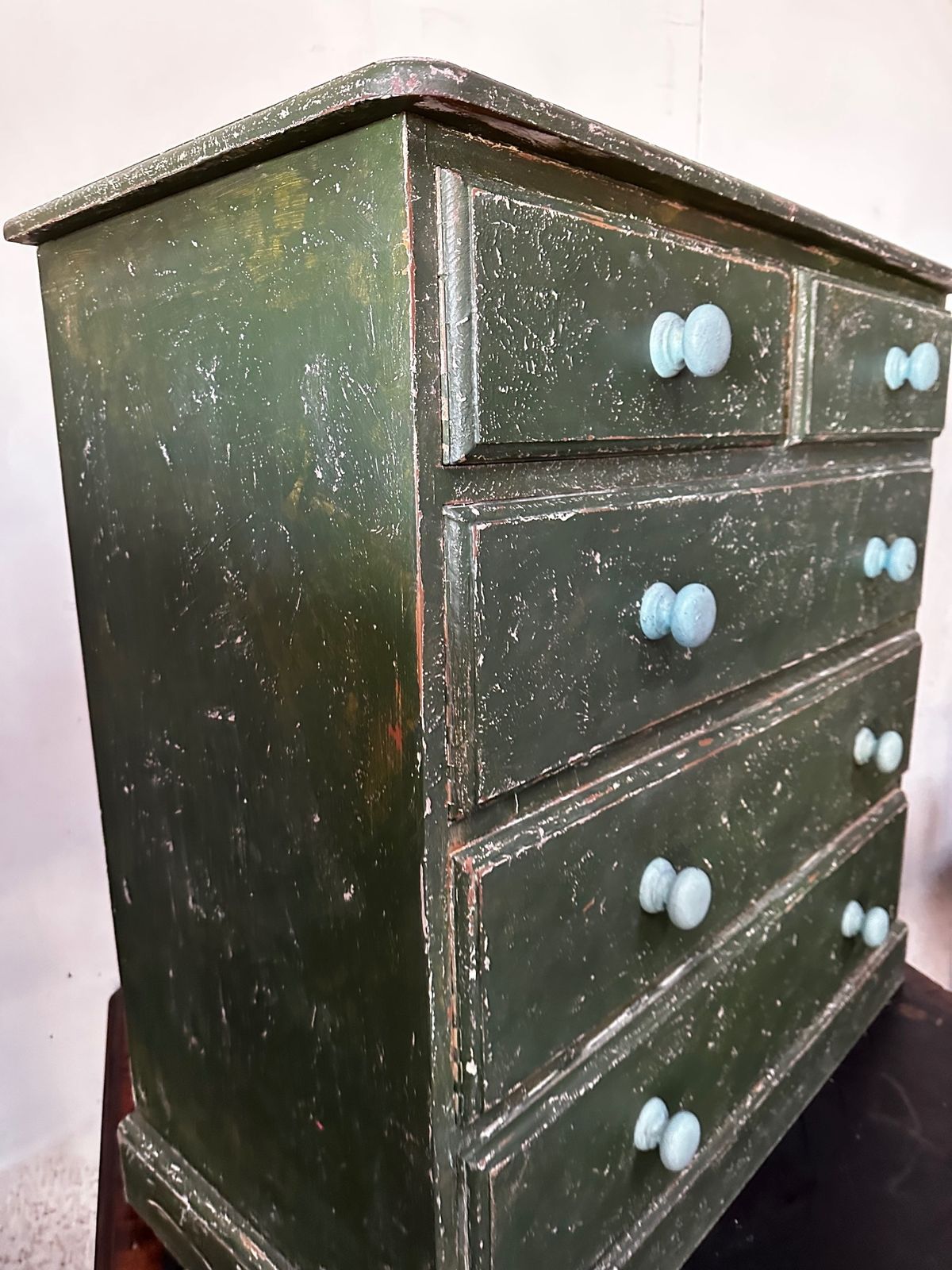 Solid Pine Retro Chest Of Drawers With Green Distressed Paint Finish photo Furniture