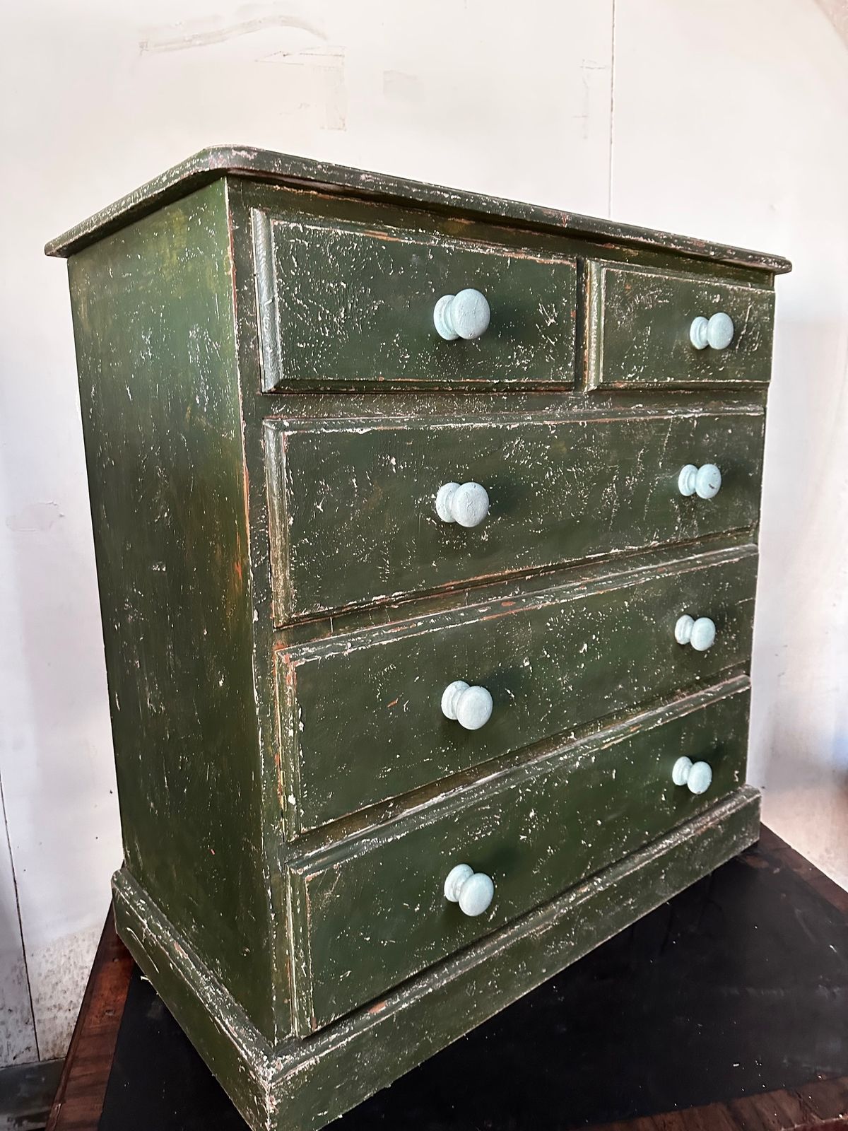 photo buy Solid Pine Retro Chest Of Drawers With Green Distressed Paint Finish