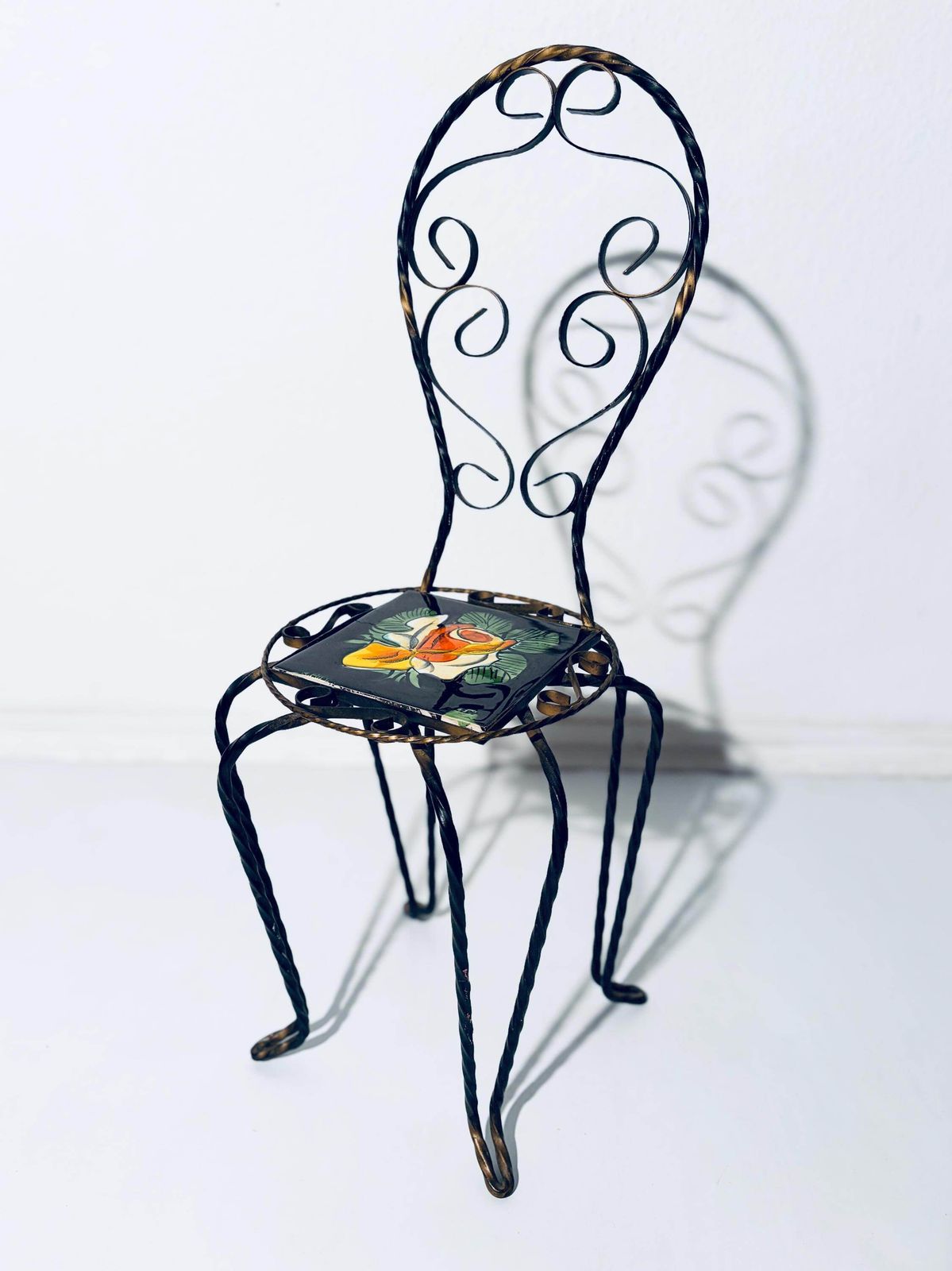 1950s Cast Iron Flower Stand Chair With Vallauris Ceramic Tile Flower Motif / Vintage French Design photo vinterior